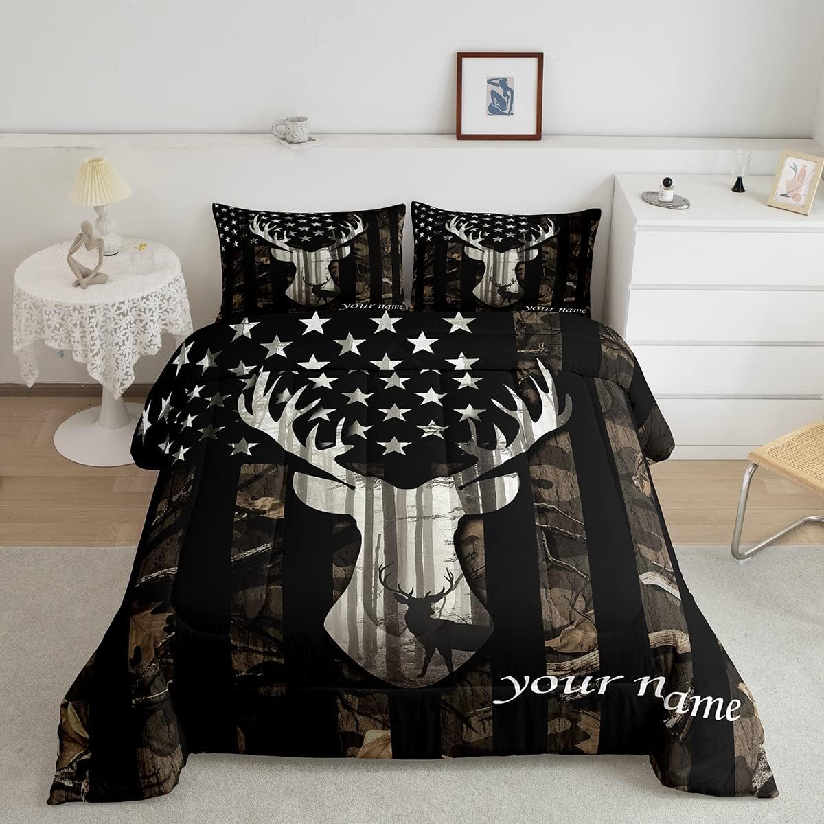 Juego de edredón personalizado con diseño de bandera estadounidense de camuflaje para niños, tamaño Queen, decoración de dormitorio de niñas y