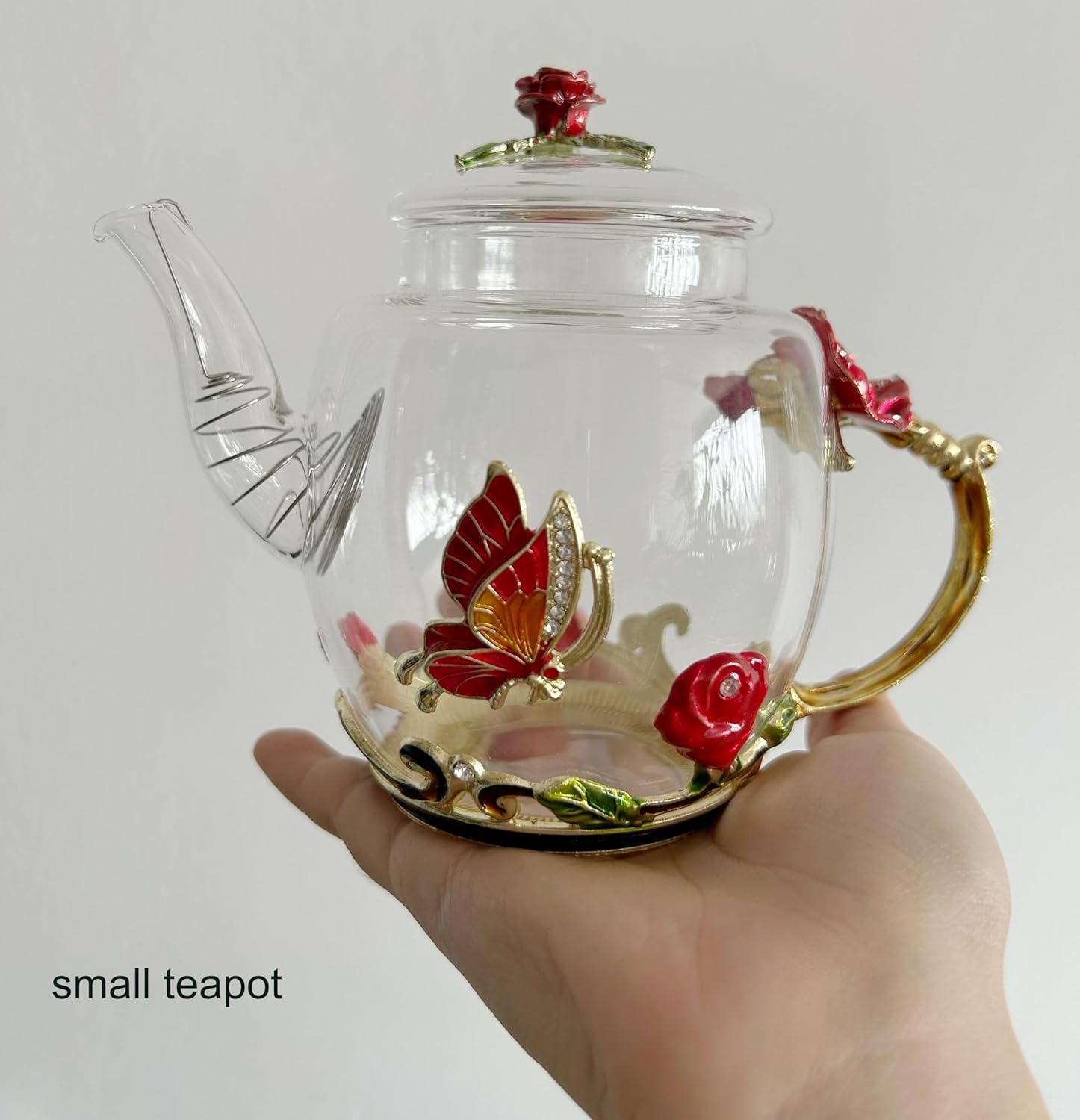 Tetera creativa de cristal de flores para té de Kung Fu, buen regalo para hermana, mamá, abuela, profesores (rosa roja)