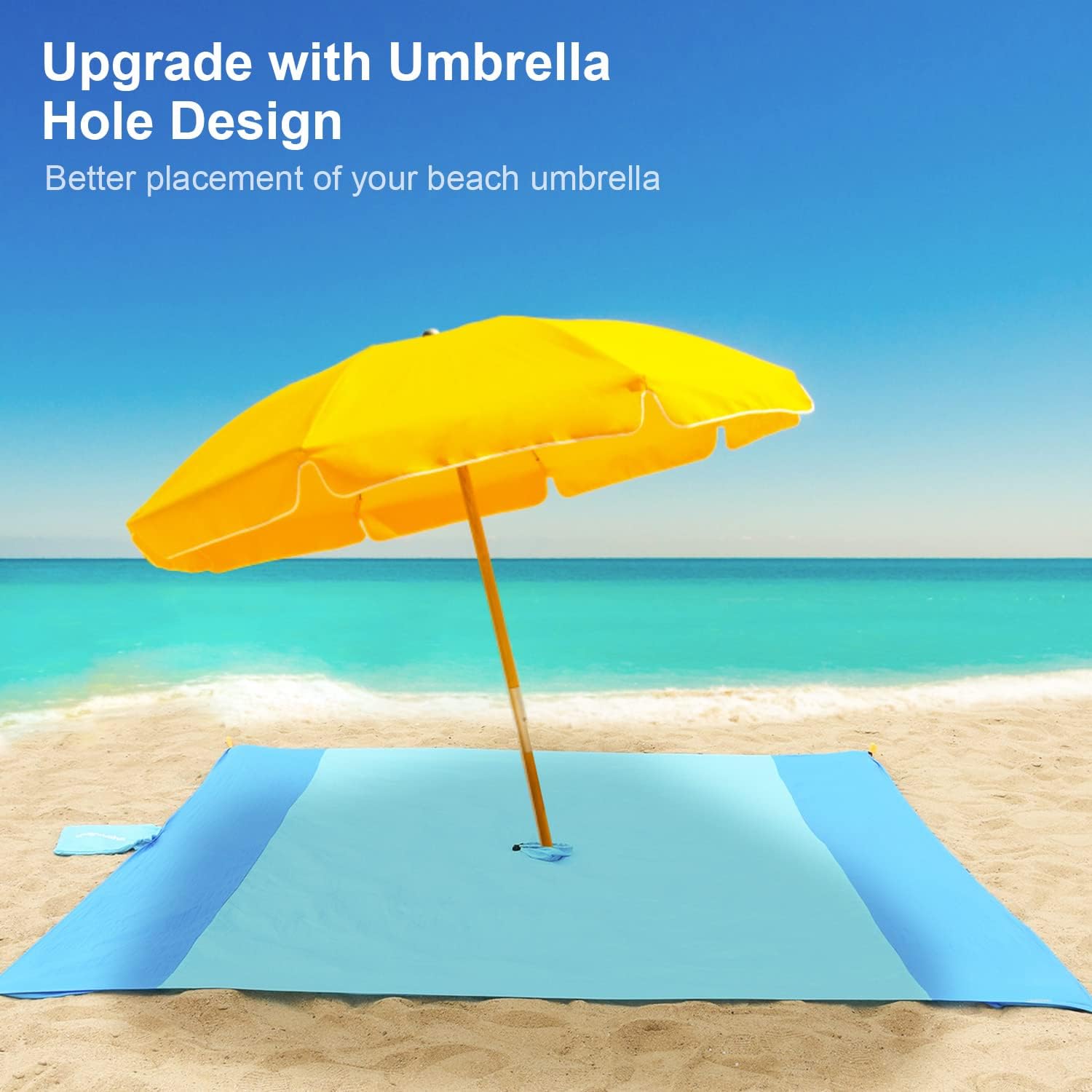 Manta de playa con agujero para paraguas, manta de playa grande impermeable a prueba de arena, cómoda alfombrilla de playa de nailon ligera con 4