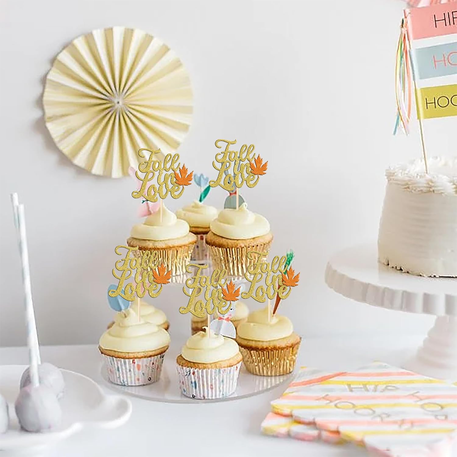 Paquete de 24 adornos para cupcakes con hojas de otoño, día de Acción de Gracias, palillos de dientes, despedida de soltera, decoración de cupcakes