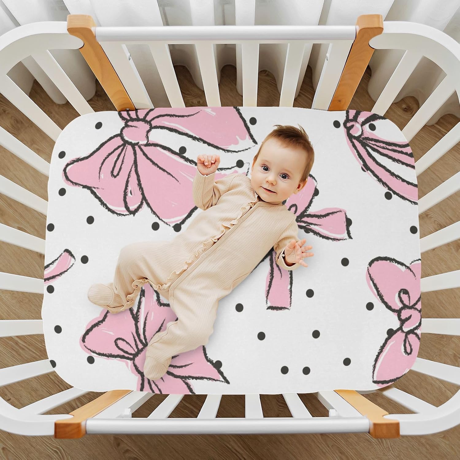 Sábana bajera ajustable para cuna de color rosa con lazo, para colchón estándar de cuna, suaves y transpirables para niños y niñas, 52 x 28 x 9