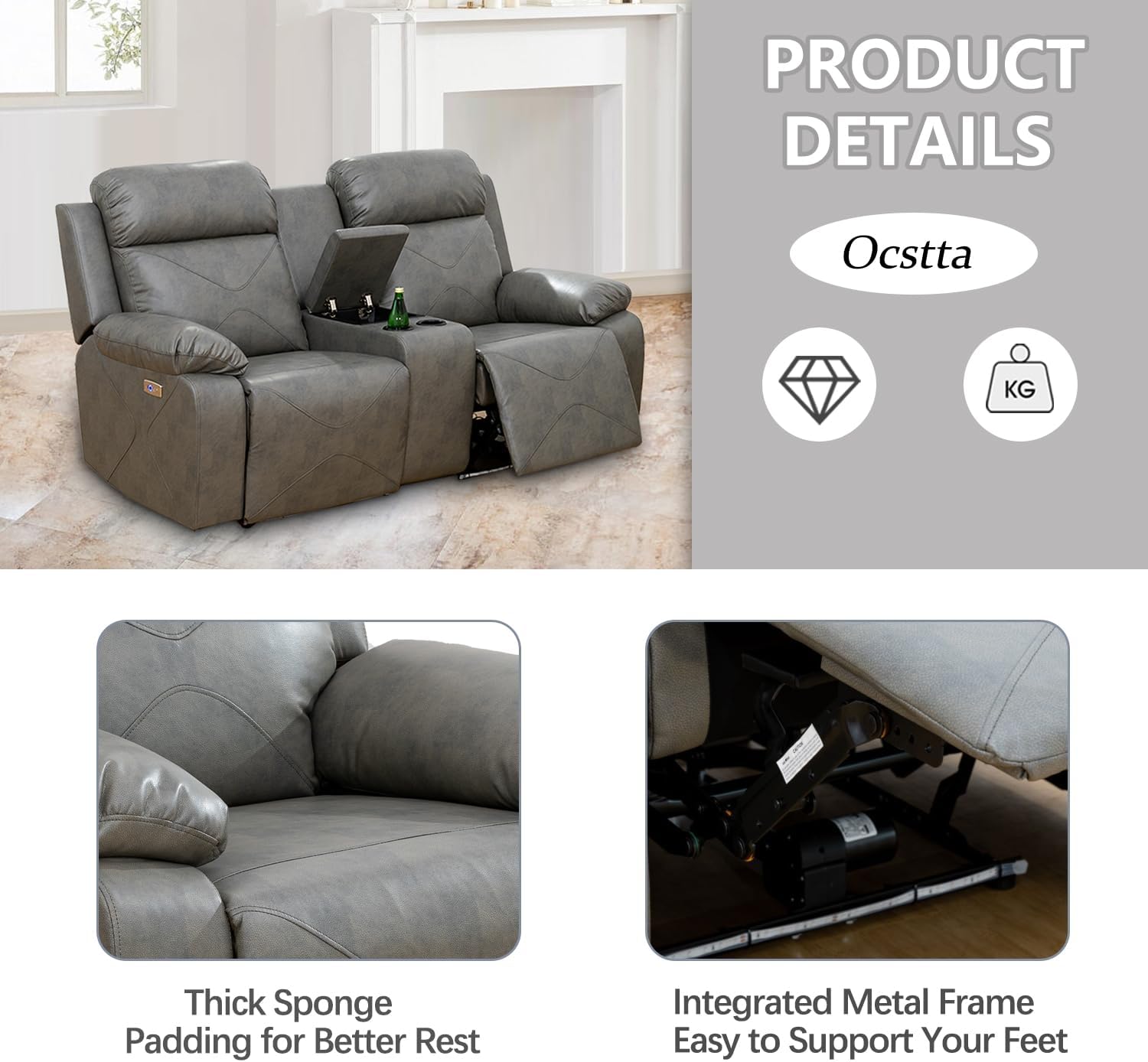 Juego de sofá reclinable de cuero eléctrico con luces LED, juego de muebles de sala de estar, juego de sofá de cuero con puerto USBconsola de