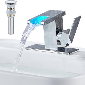 Grifo de lavabo de baño con luz LED para 1 agujero, cascada cromada, de una sola manija, grifos de tocador para lavabos con drenaje desplegable de Grifo de lavabo de baño con luz LED para 1 agujero, cascada cromada, de una sola manija, grifos de tocador para lavabos con drenaje desplegable de