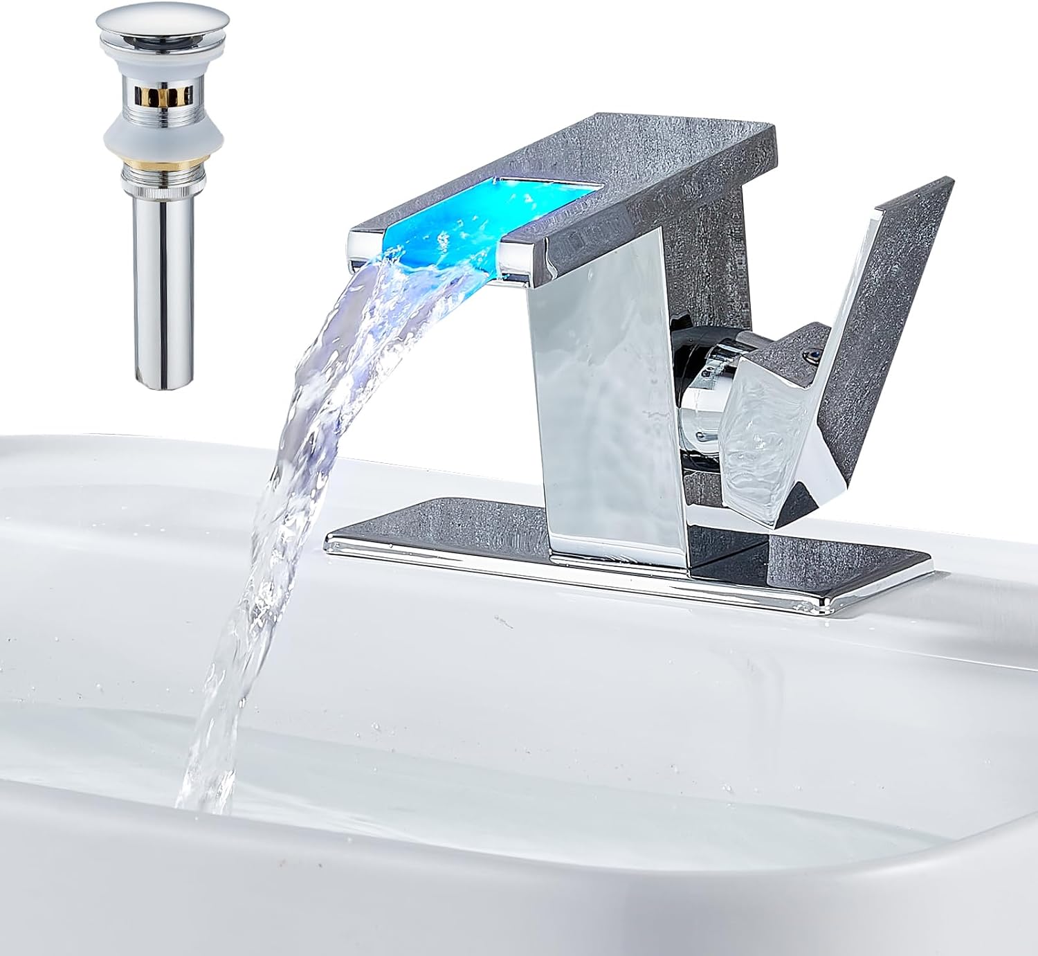 Grifo de lavabo de baño con luz LED para 1 agujero, cascada cromada, de una sola manija, grifos de tocador para lavabos con drenaje desplegable de