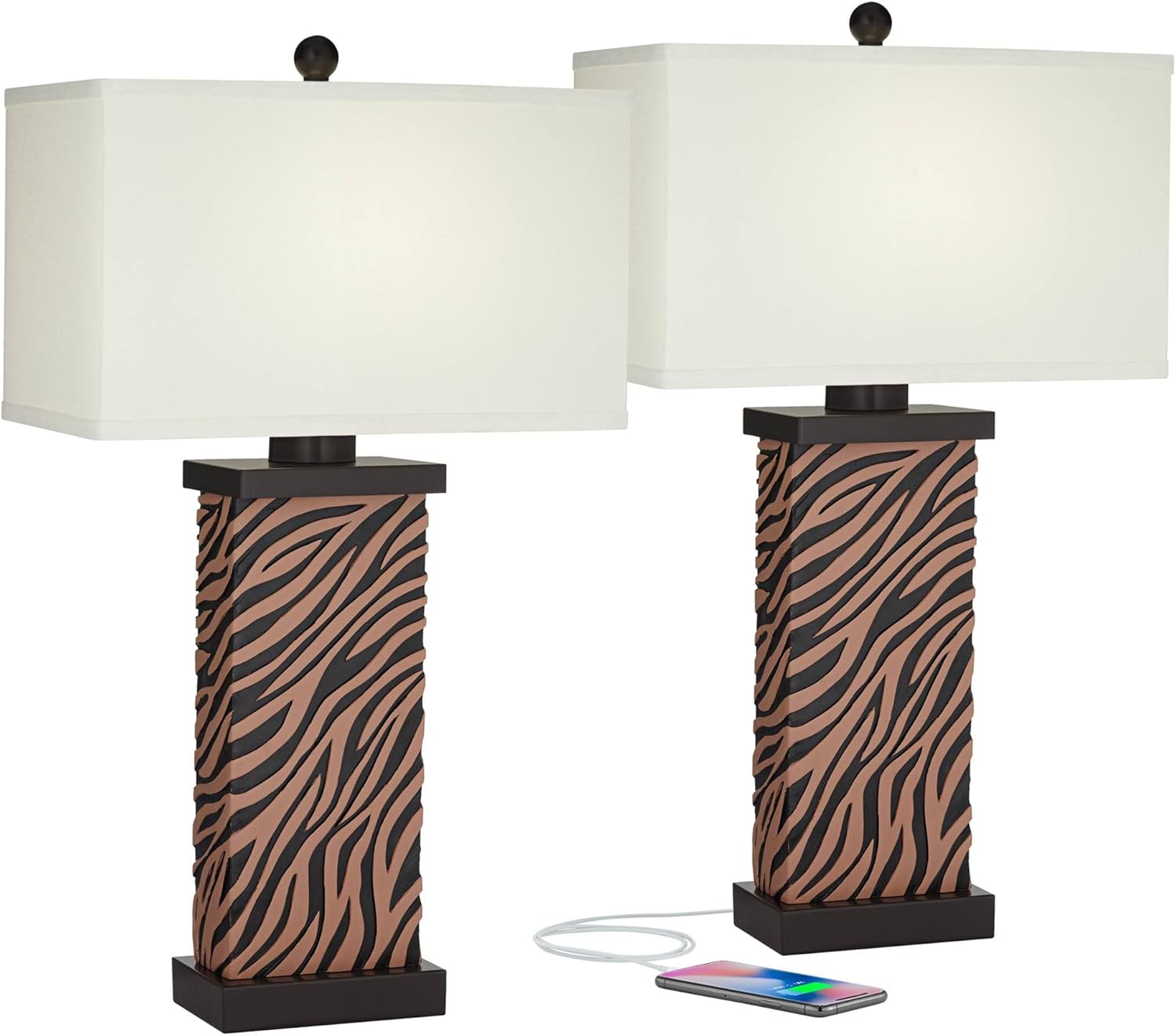 360 Lighting Juego de 2 lámparas de mesa modernas con puerto de carga USB de 27 pulgadas de alto, madera sintética de cebra, pantalla rectangular