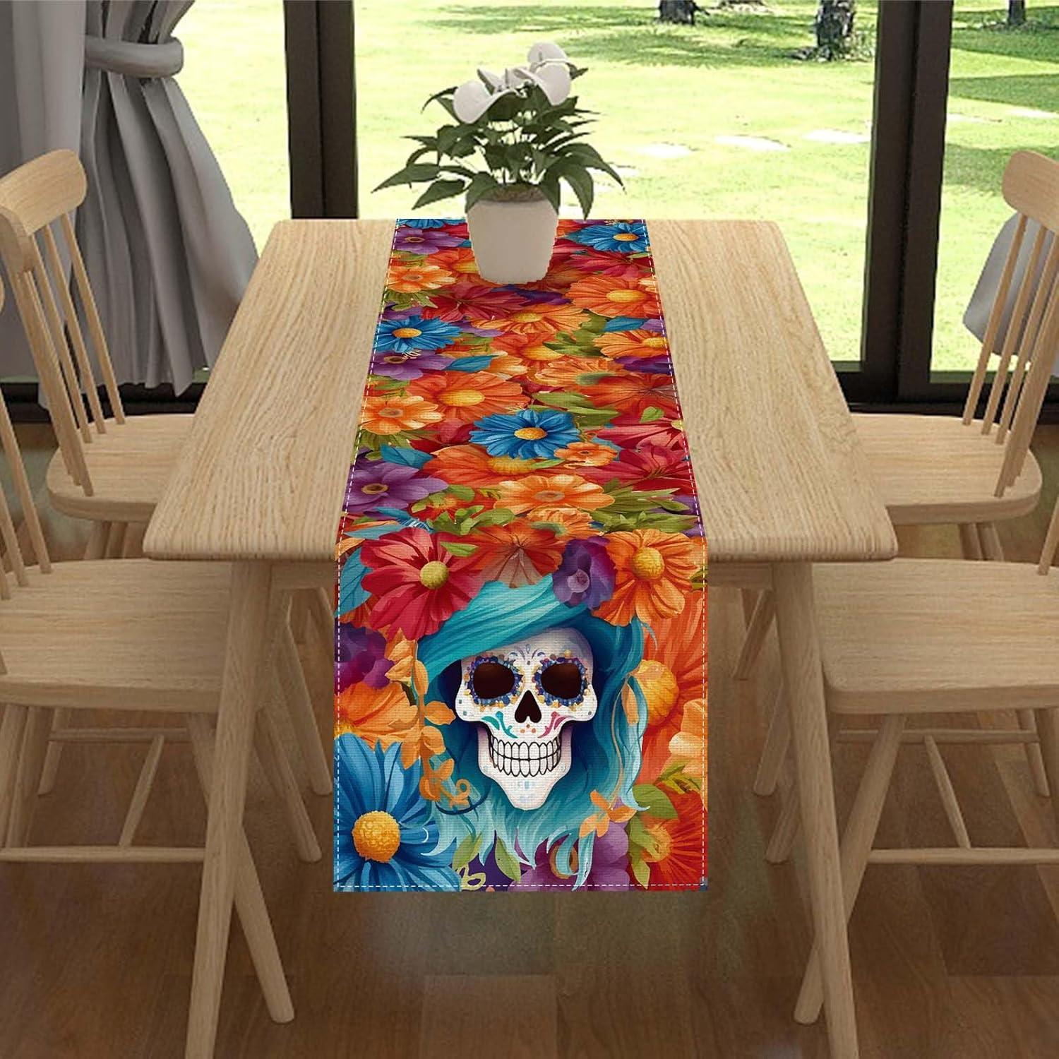 Camino de mesa de lino con diseño de calavera mexicana de 72 pulgadas de largo, diámetro de los muertos, decoración del día de los muertos para el