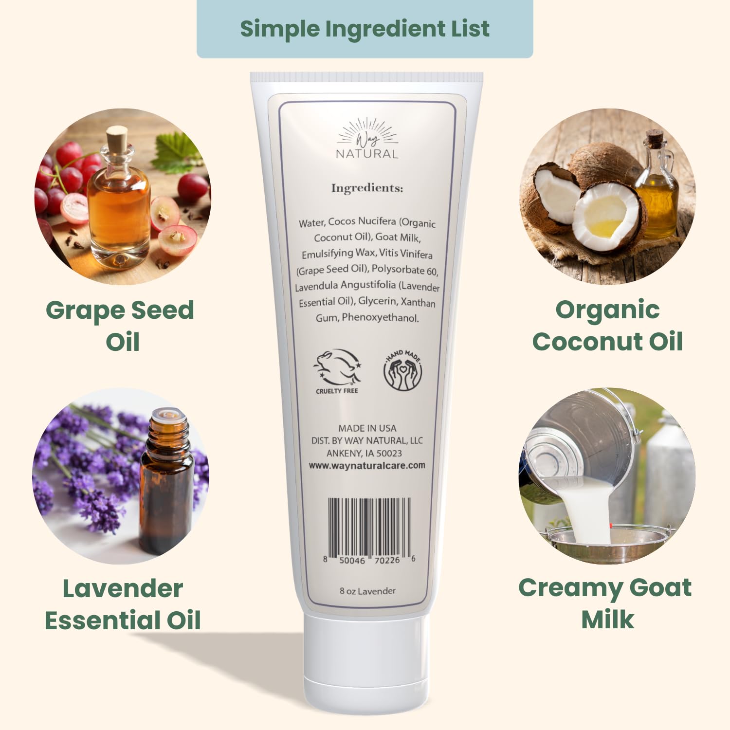 Loción de leche de cabra real, lavanda, calmante y cremosa, tubo de 8 onzas, crema de manos de leche de cabra, loción corporal de leche de cabra –