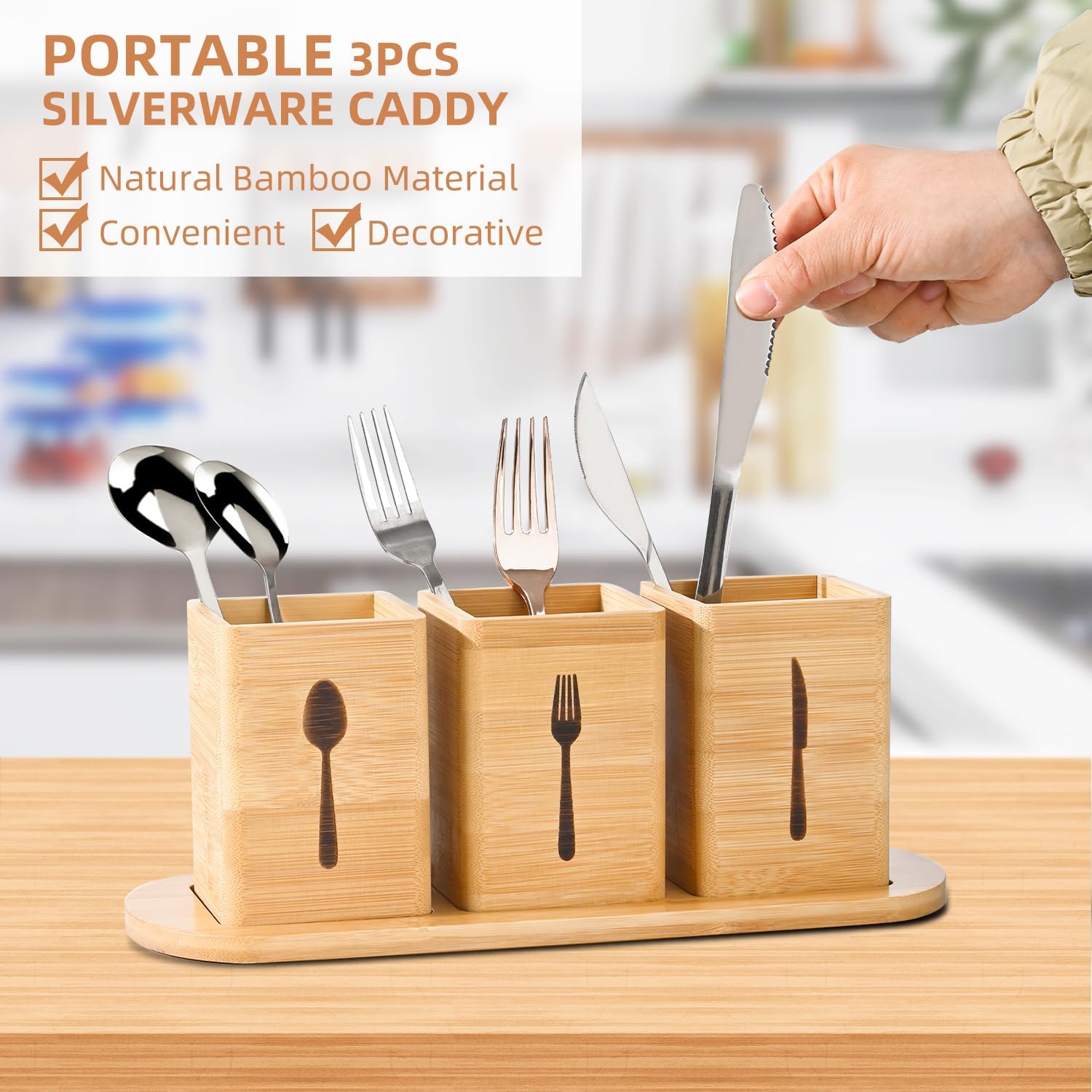 GEHE Silverware Caddy for Countertop, Natural Bamboo Utensil Caddy for Parties, Utensil Holder with 3 Compartment, Silverware Organizer Storage