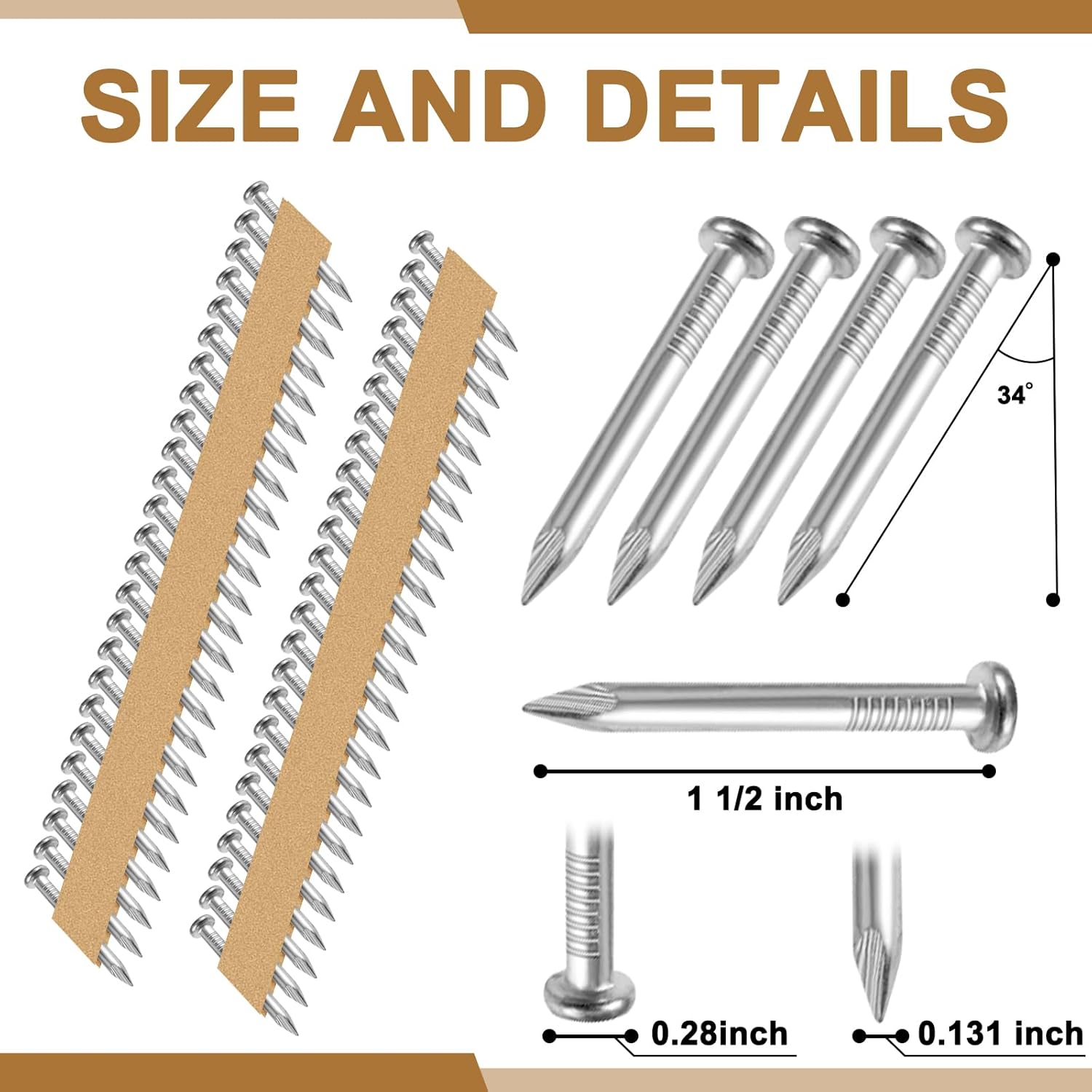 Zonon 3000 unidades de clavos de conector de metal de 1 12 pulgadas, clavos galvanizados para colgar vigas de 34 grados, con cinta de papel de 34
