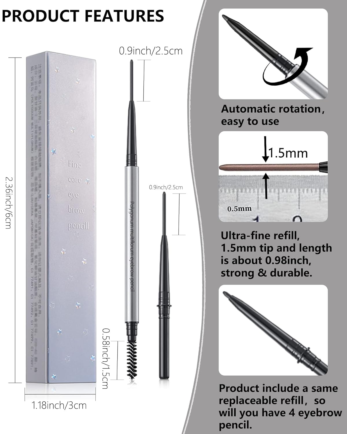 Lápiz de cejas con brocha Spoolie, 4 lápices profesionales de micro punta de 0.069 pulgadas con kit de extremos dobles, lápiz de cejas resistente al