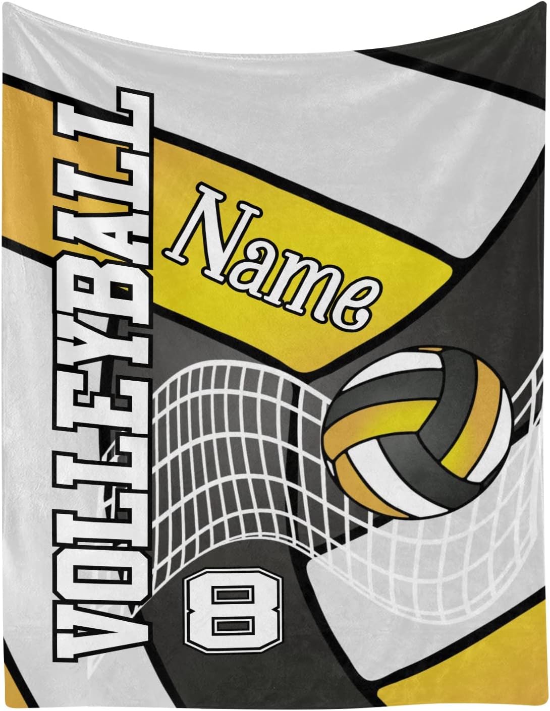 Manta personalizada de voleibol en negro dorado, amarillo y blanco con nombre, manta de forro polar suave para hombres y mujeres, regalo de