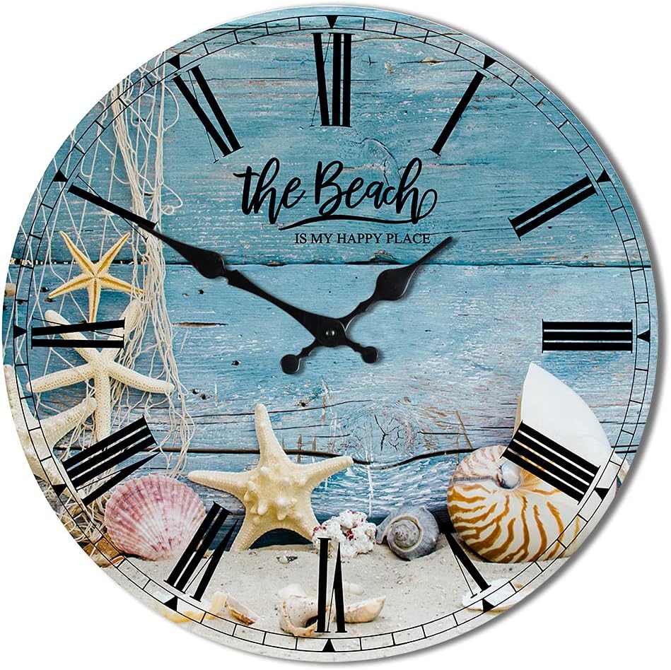 Divertida decoración de baño de playa, reloj de pared silencioso que no hace tictac, conchas marinas, decoración de baño, arte de pared  The Beach