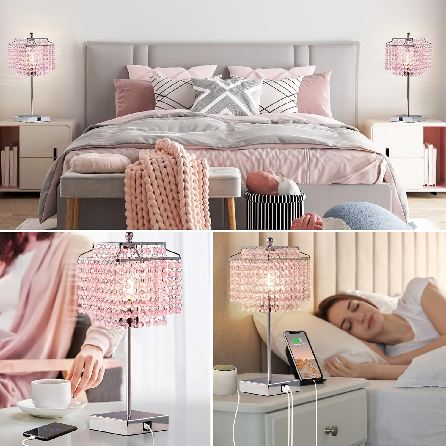 Luvkczc Lámpara de mesa de cristal rosa con control táctil, lámpara regulable de 3 vías con pantalla de cristal para dormitorio de niña, sala de
