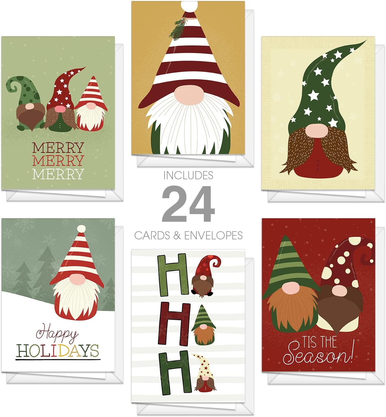 Adorable paquete de tarjetas navideñas de gnomo, 24 tarjetas de notas de Navidad extravagantes con sobres blancos, 6 diseños ilustrados de gnomos