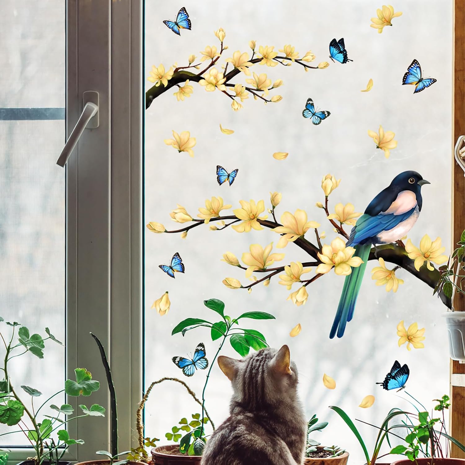 Adhesivos para ventana de flores, pájaros, mariposas, ventanas, primavera, verano, bricolaje, ramas de árboles, calcomanías de doble cara,
