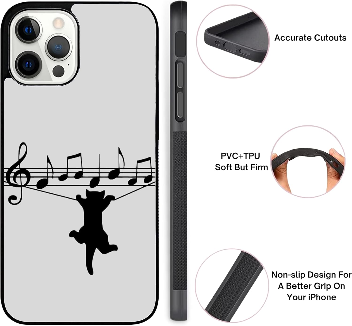 Funda estética de músico con notas musicales de color gris para amantes de los gatos negros, compatible con iPhone 14, funda delgada de goma TPU