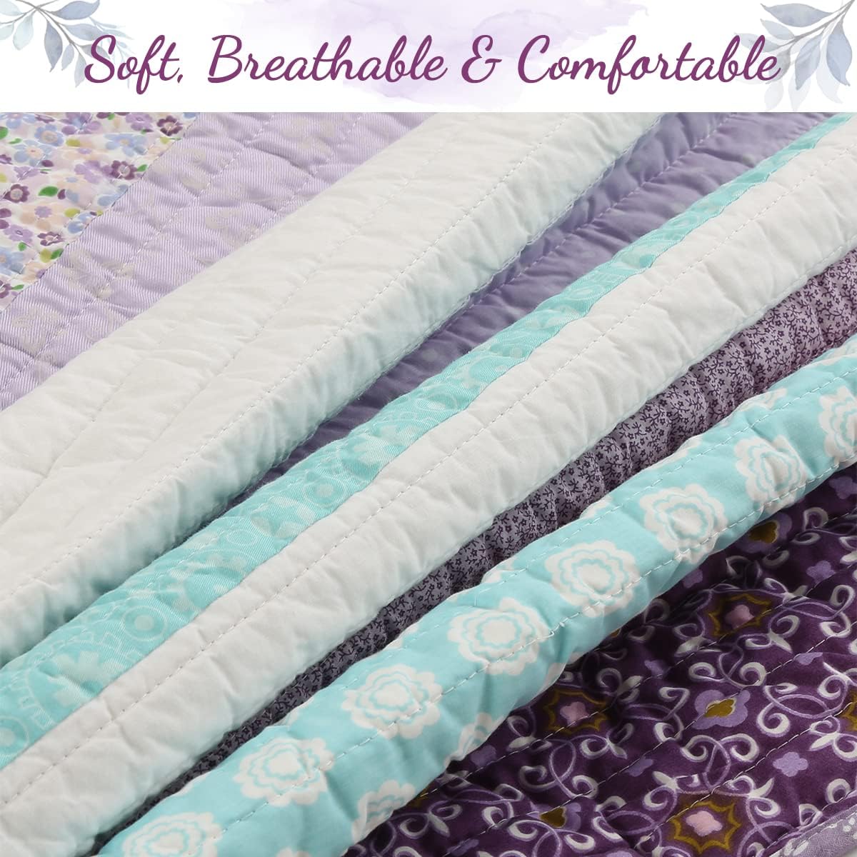Cozy Line Home Fashions Purple Cosmos Spring Floral Stripe Garden Lavender Teal & White Ruffle Cotton Reversible Juego de ropa de cama