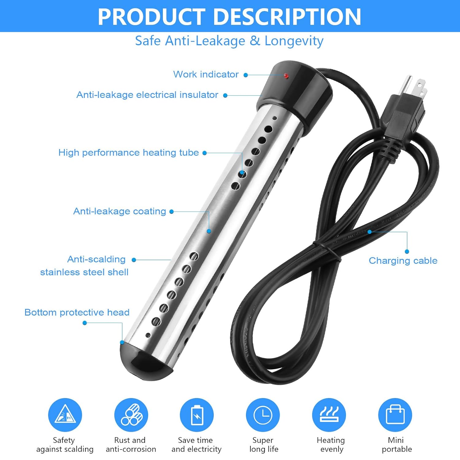 Calentador de agua de inmersión de 2000 W, calentador de agua portátil eléctrico con acero inoxidable 304 antiquemaduras, calentador de agua de cubo