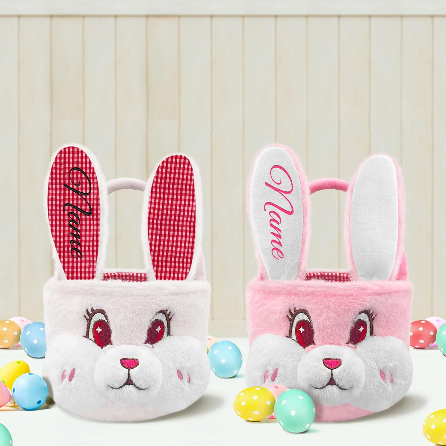 Bolsa de conejo de Pascua personalizada con diseño de conejo de felpa para niños con bordado de nombre personalizado, oreja larga para niños y