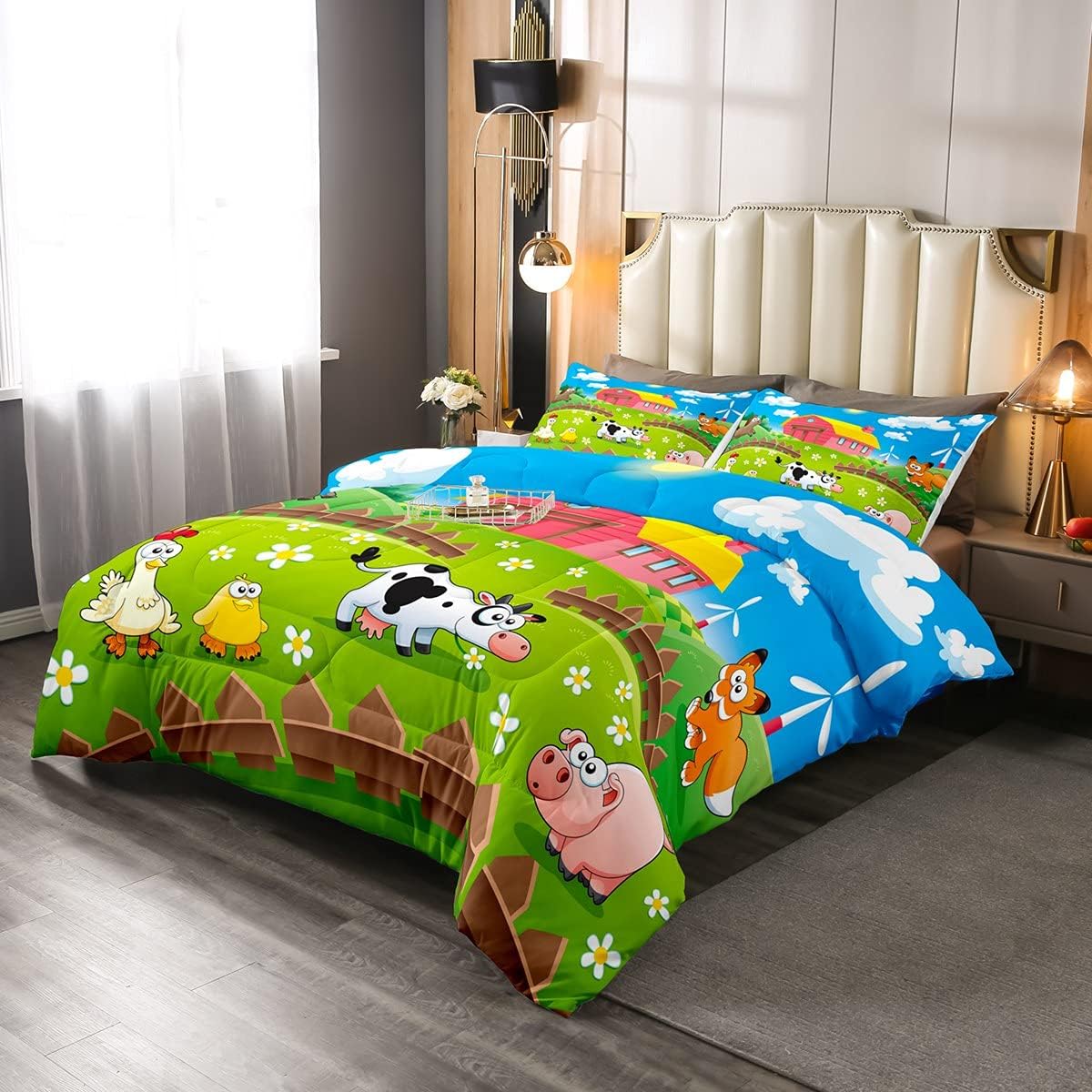 Juego de ropa de cama de animales de dibujos animados, juego de edredón de granja feliz para niños y niñas, pollo, pato, leche, vaca, cerdo, edredón