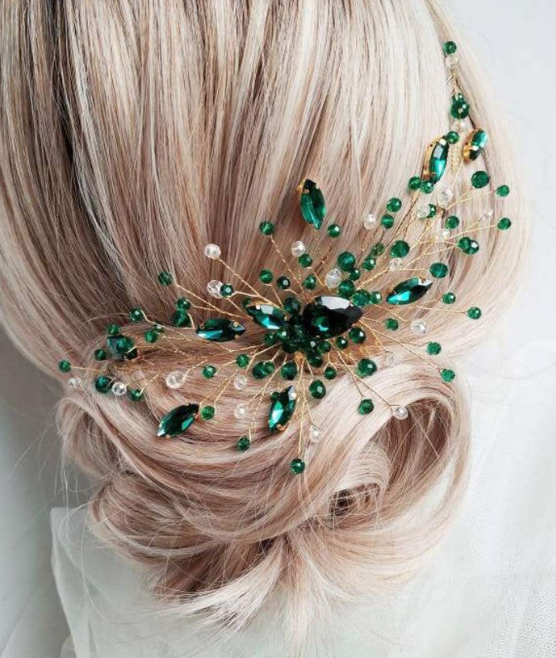 Peine para el cabello de cristal verde esmeralda para mujer, accesorio para el cabello de boda, pieza de pelo con diamantes de imitación, regalo