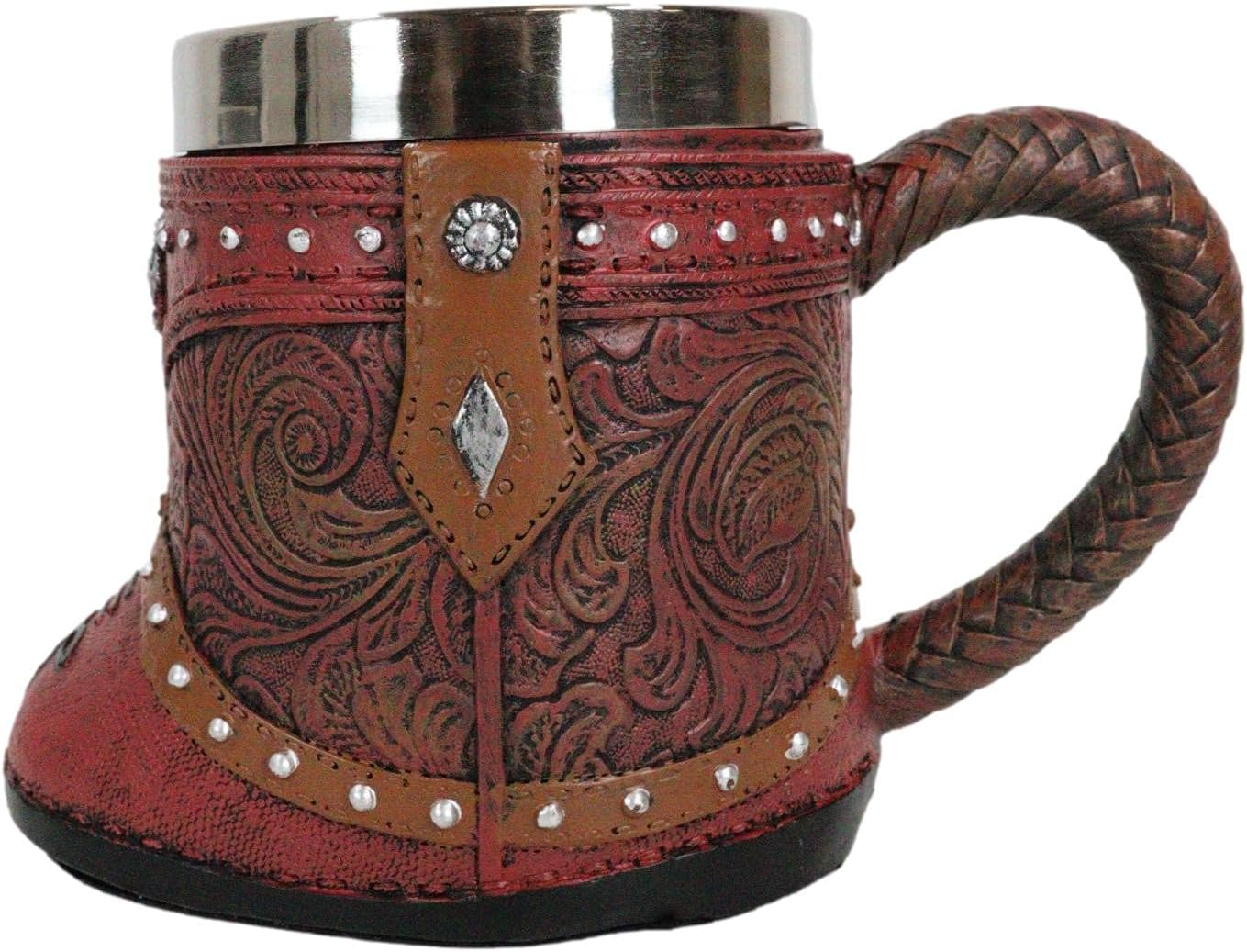 Ebros Gift Bota rústica de vaquera occidental con taza de café con estrella solitaria en piel sintética con acabado floral de desplazamiento floral