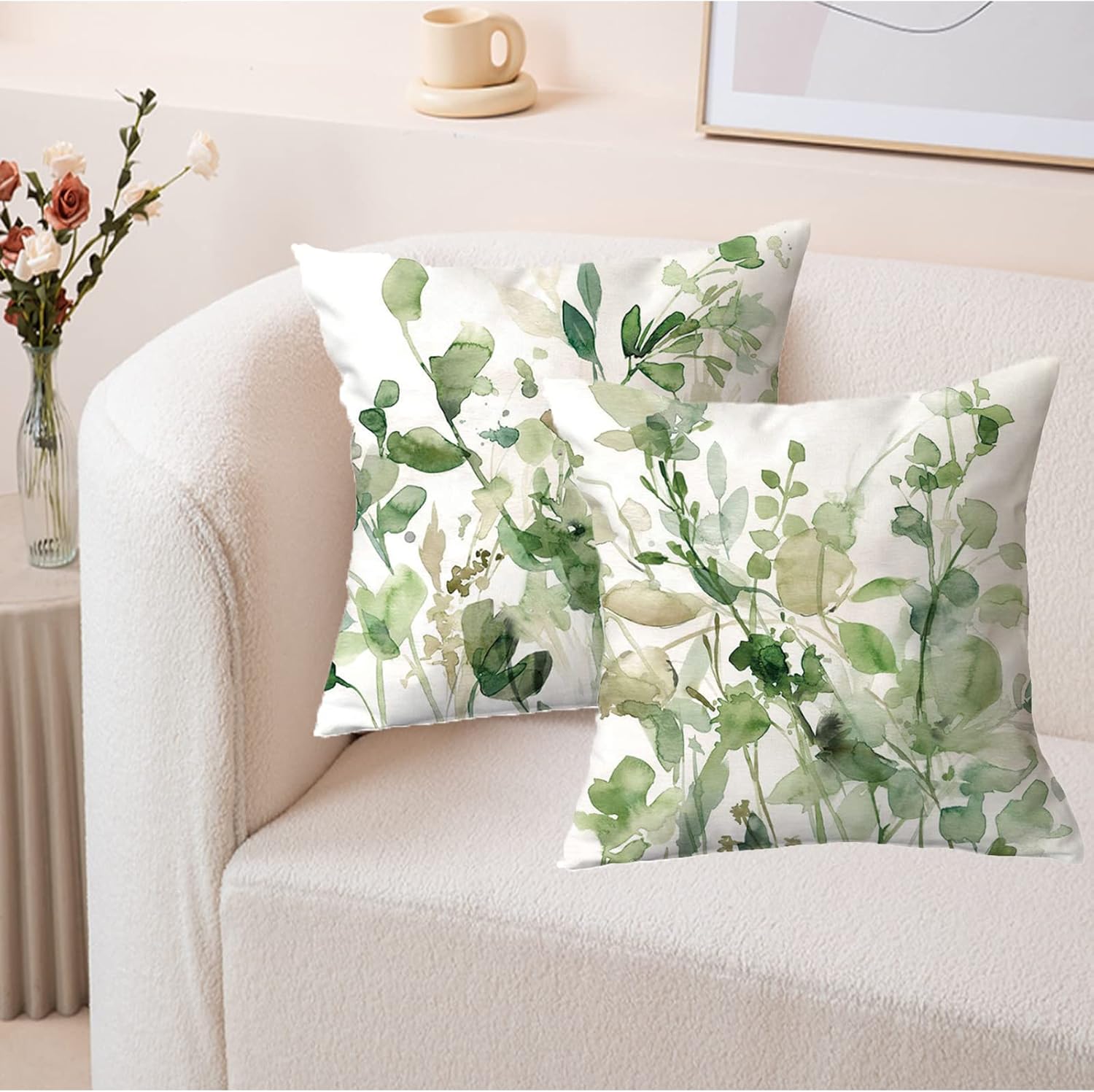 ANIDL Juego de 2 almohadas cuadradas con estampado de plantas abstractas de hojas florales en acuarela, decoración de arte moderno, funda de cojín
