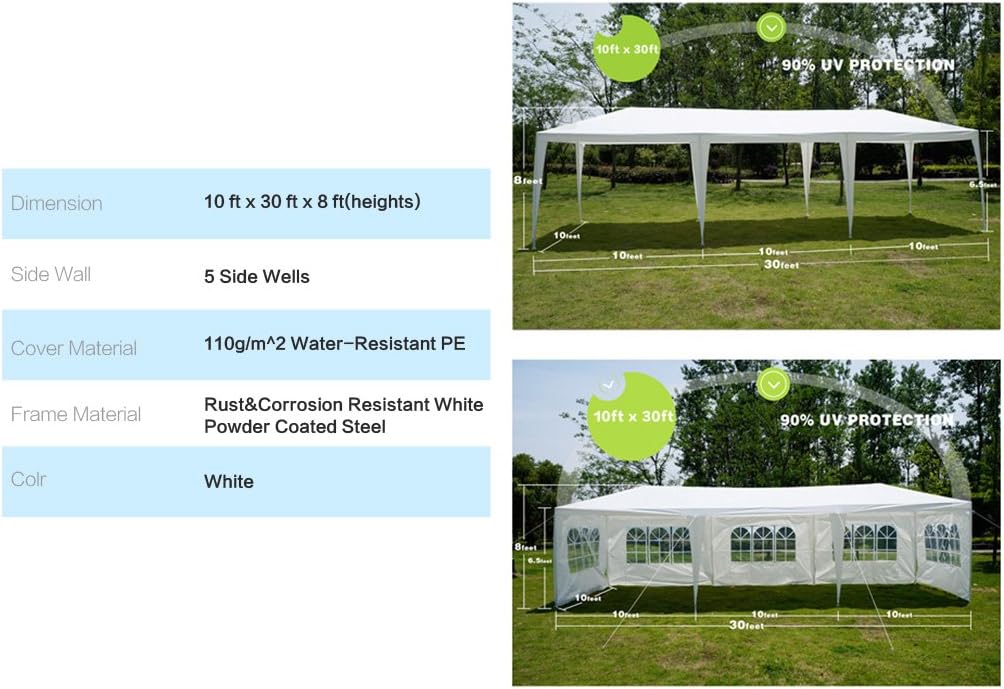GOJOOASIS Tienda de campaña para bodas de 10 x 30 pulgadas, color blanco, carpa para exteriores (10 x 30 pies con 5 paredes)