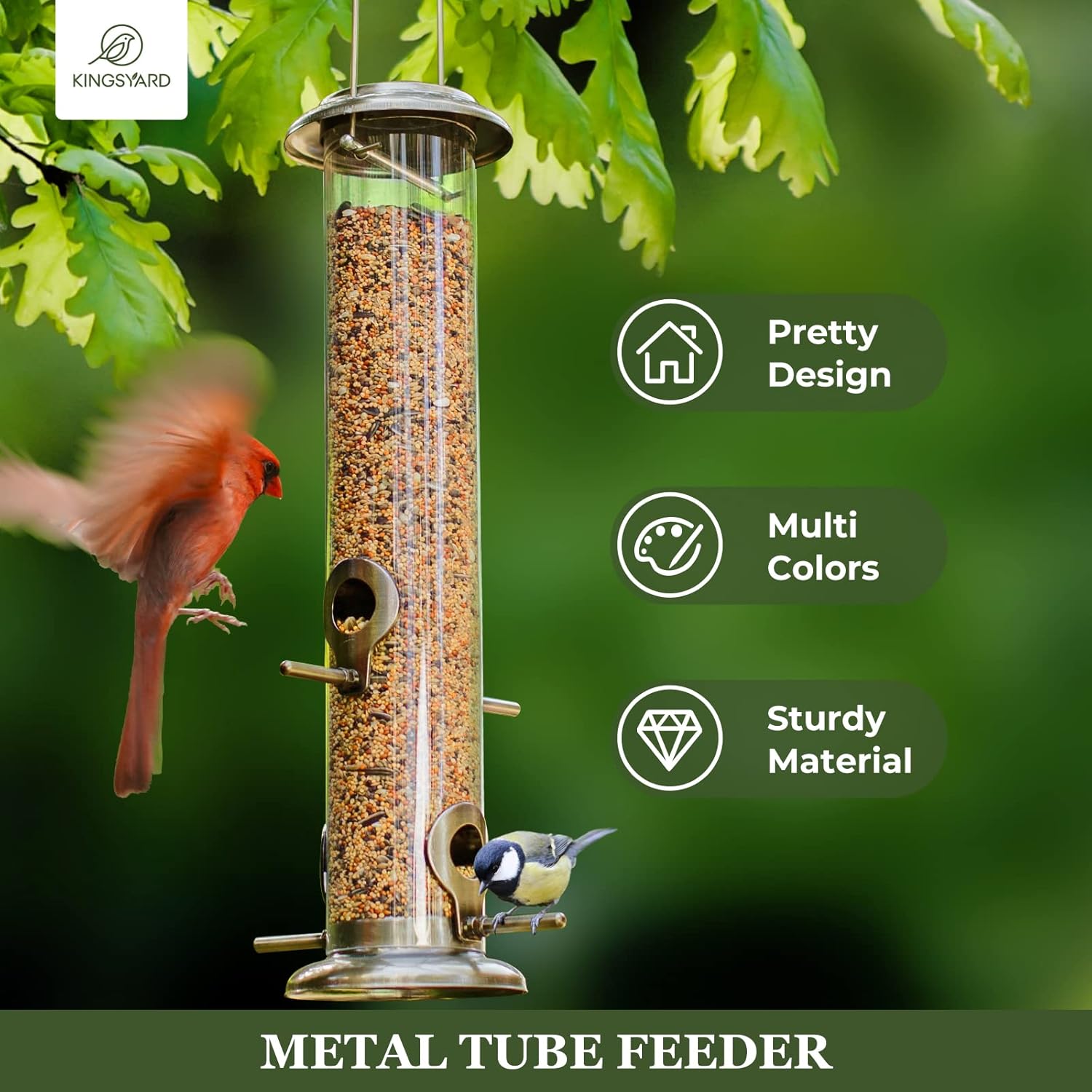 Kingsyard Comederos metálicos para colgar en exteriores, comedero para pájaros de tubo extra grueso con colgador de acero y 4 puertos, 15 pulgadas,