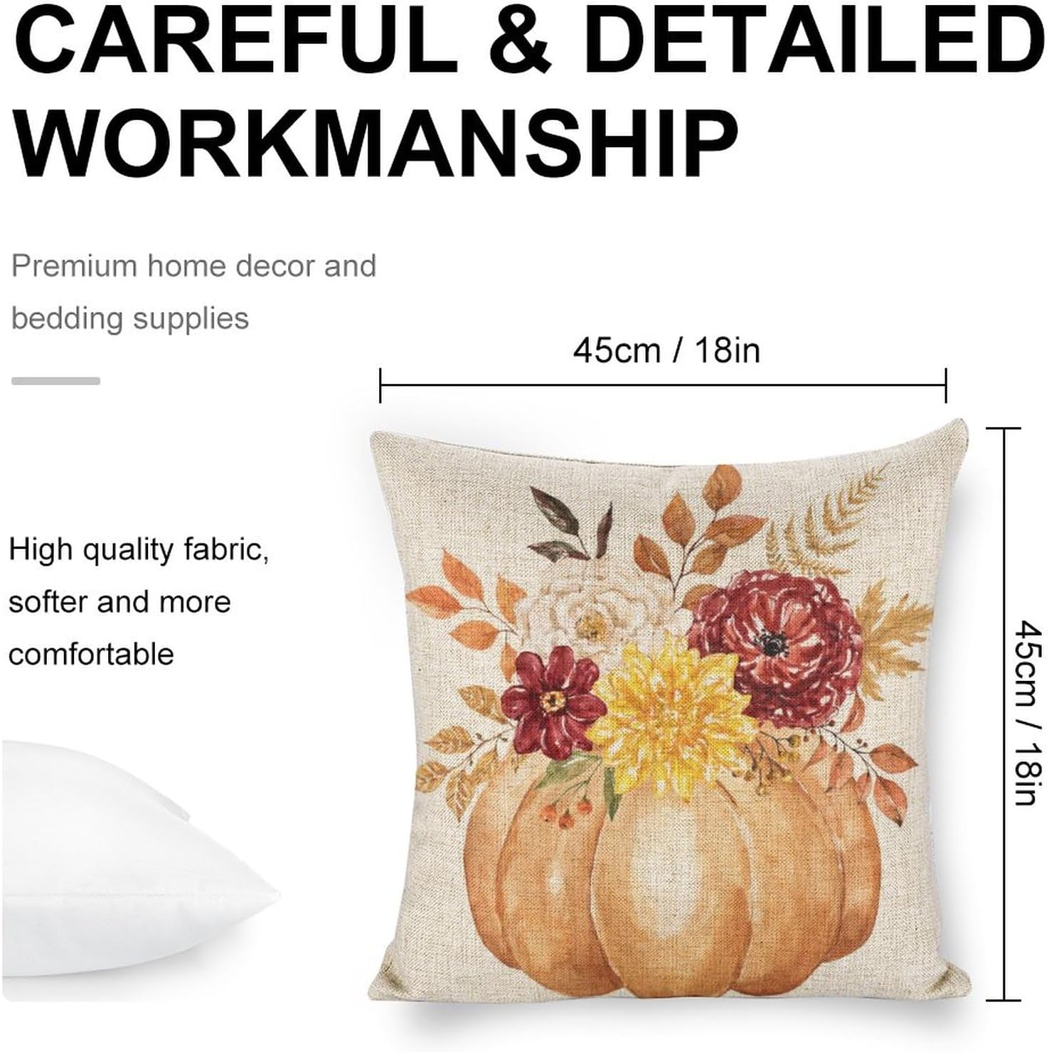 Juego de 2 fundas de almohada de calabaza naranja otoñal de 18 x 18 pulgadas, juego de 2 fundas de almohada cuadradas decorativas de lino con flores
