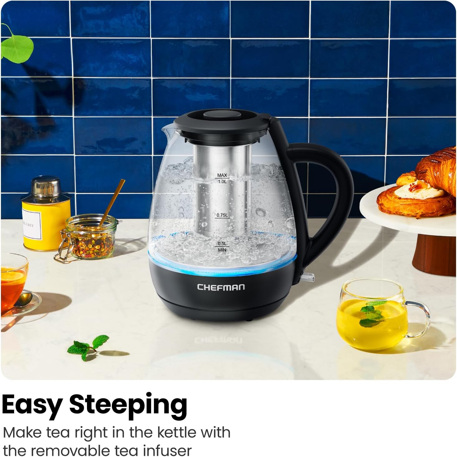 Chefman Hervidor eléctrico con infusor de té, 1 litro, 1500 W, tapa extraíble para una fácil limpieza, protección contra hervido y seco, filtro de