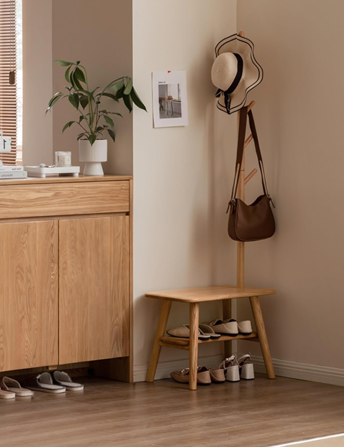 Zapatero 100 % roble macizo  Perchero de entrada  Banco de zapatos  Almacenamiento de árboles para sala de estar, dormitorio, entrada (31.5 pulgadas)
