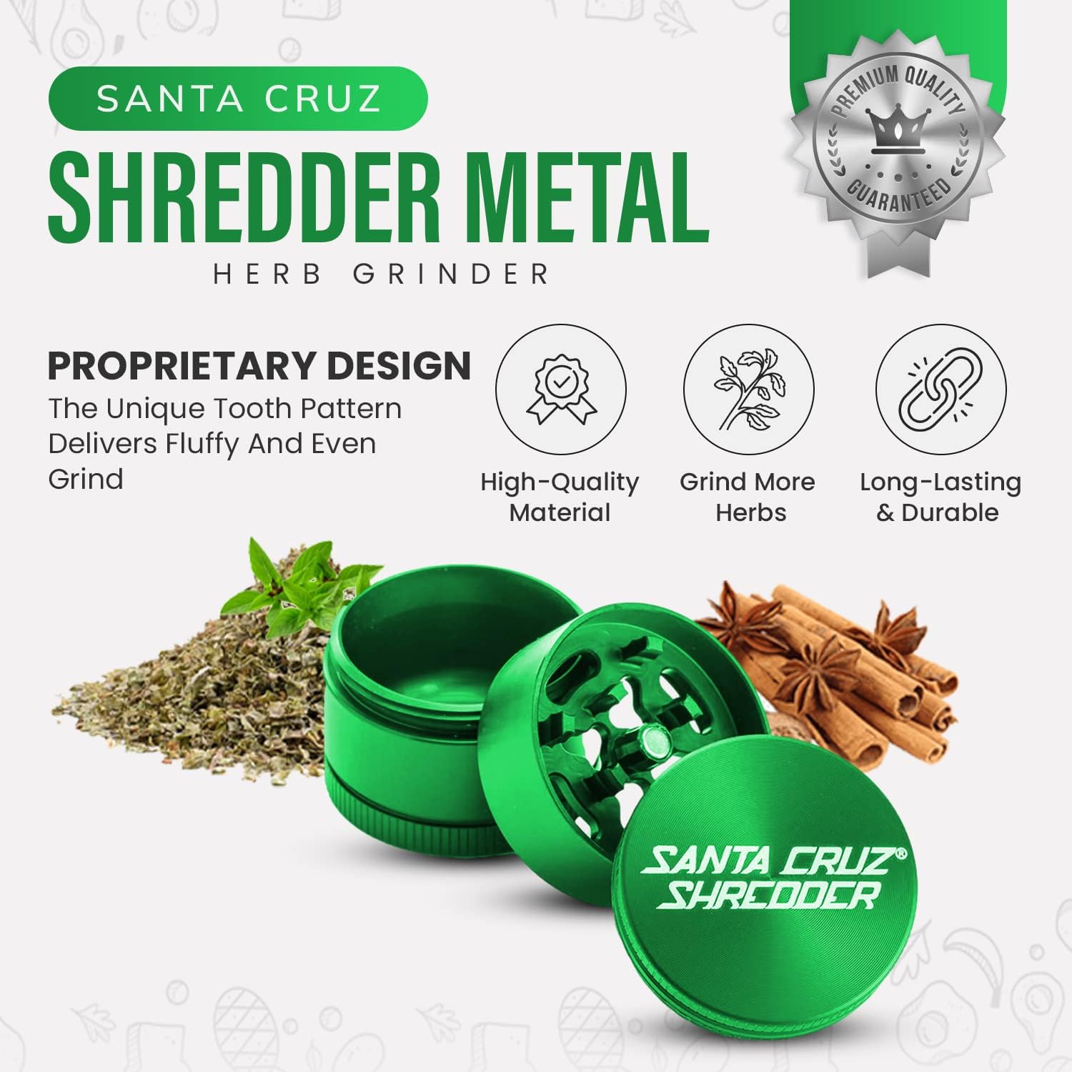 Santa Cruz Shredder Molinillo de hierbas de metal con parte superior moleteada para un agarre más fuerte, 3 piezas, pequeño de 1.7 pulgadas (verde)