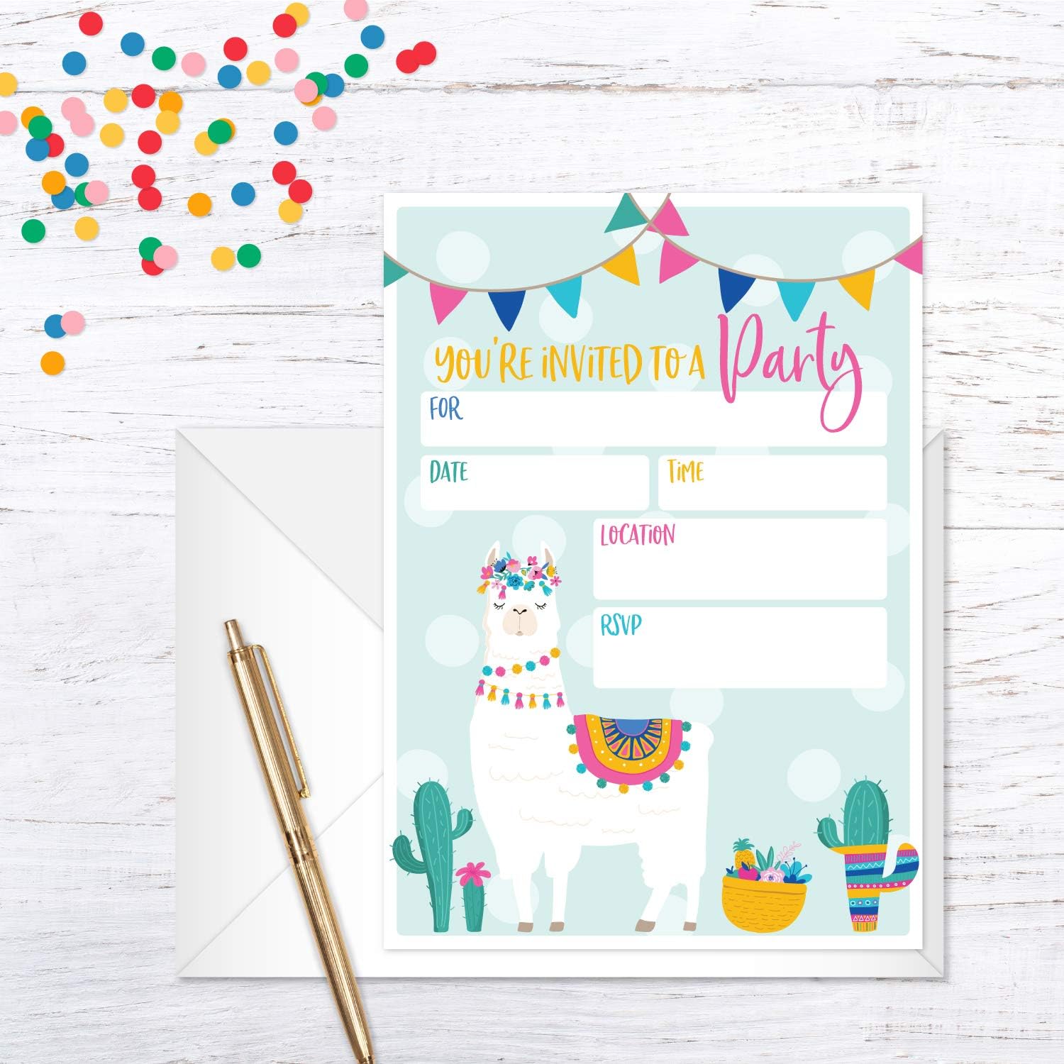 Canopy Street Invitación de fiesta de relleno de llama, 25 invitaciones y sobres de cumpleaños de fiesta de llama, invitación de alpaca plana de 5 x