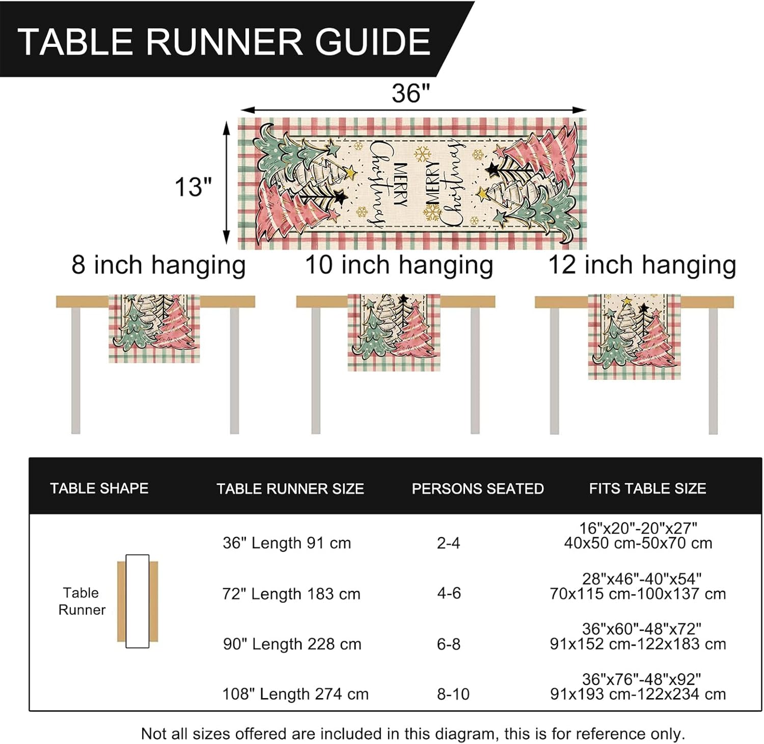 Seliem Camino de mesa de copos de nieve con árbol de pino y Navidad, diseño a cuadros rosados, decoración de mesa de comedor para cocina, decoración