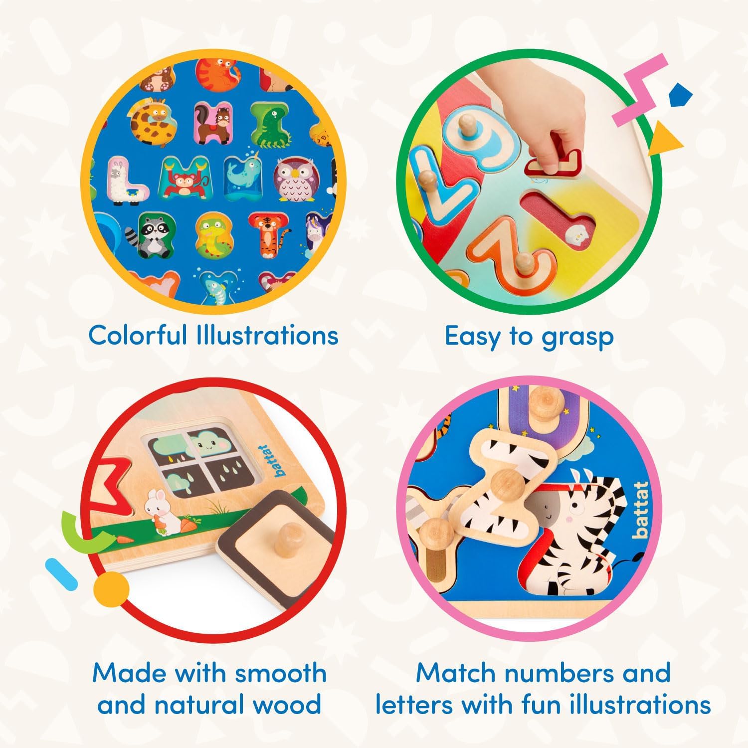 Battat – Rompecabezas de madera del alfabeto y los números- Puzzle n’ Learn ABC & 123- Juguete educativo para niños – 2 años +