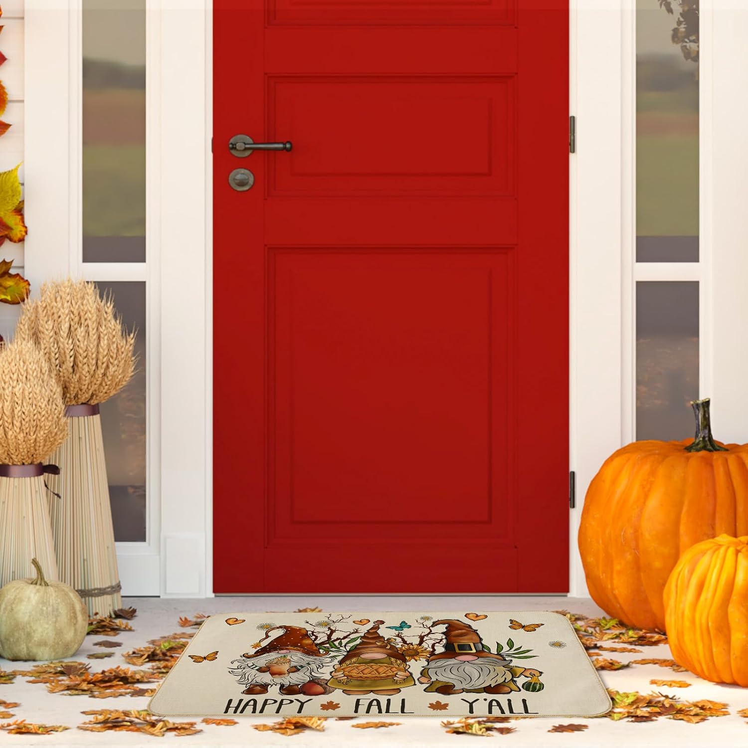AnyDesign Happy Fall Y’all – Felpudo de otoño, gnomo, girasol, mariposa, tapete de entrada con goma antideslizante para cosecha de otoño, alfombra
