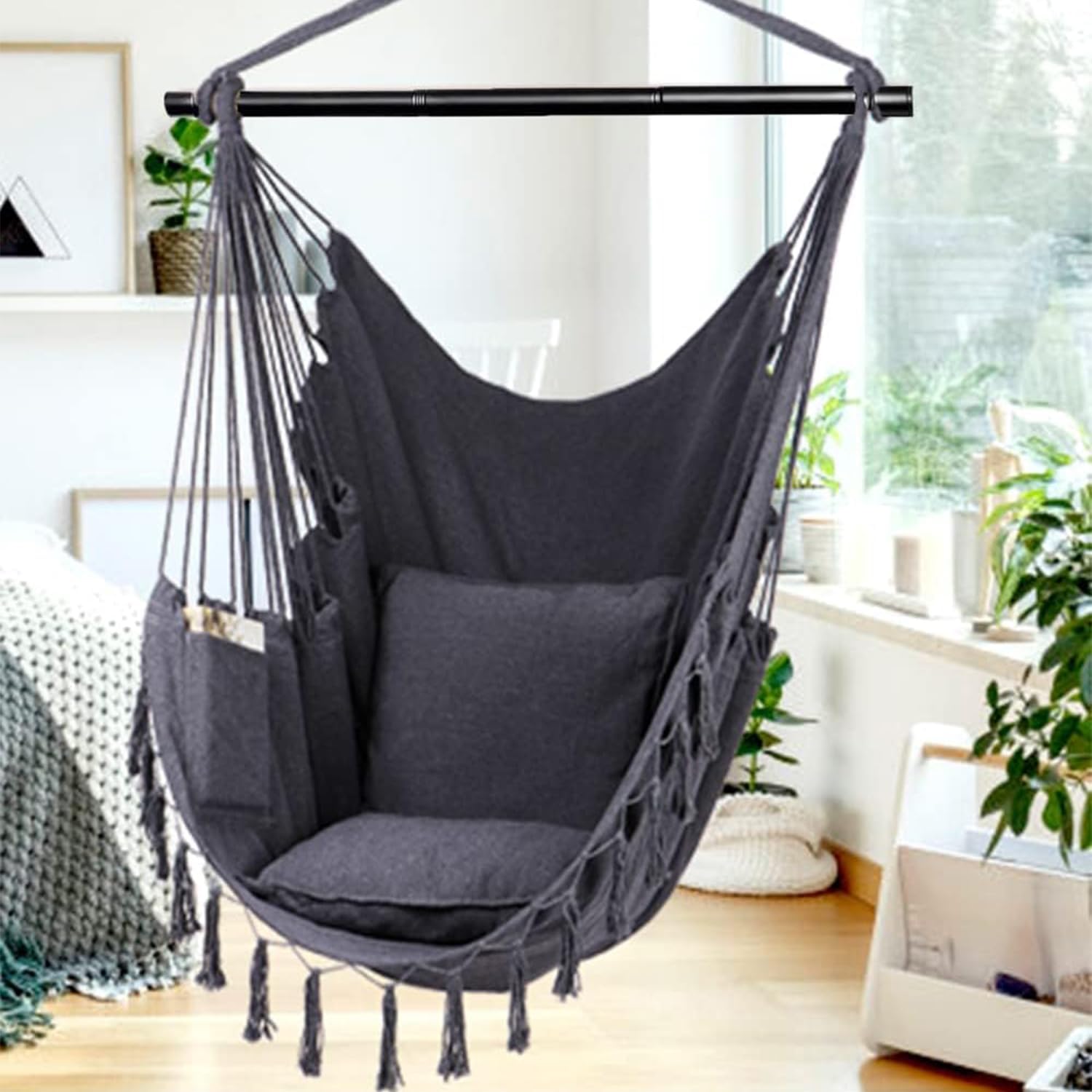 Klhamky Silla hamaca de 59 x 47 pulgadas con kit de accesorios para colgar, color beige, lona de algodón, incluye y dos cojines de asiento, para