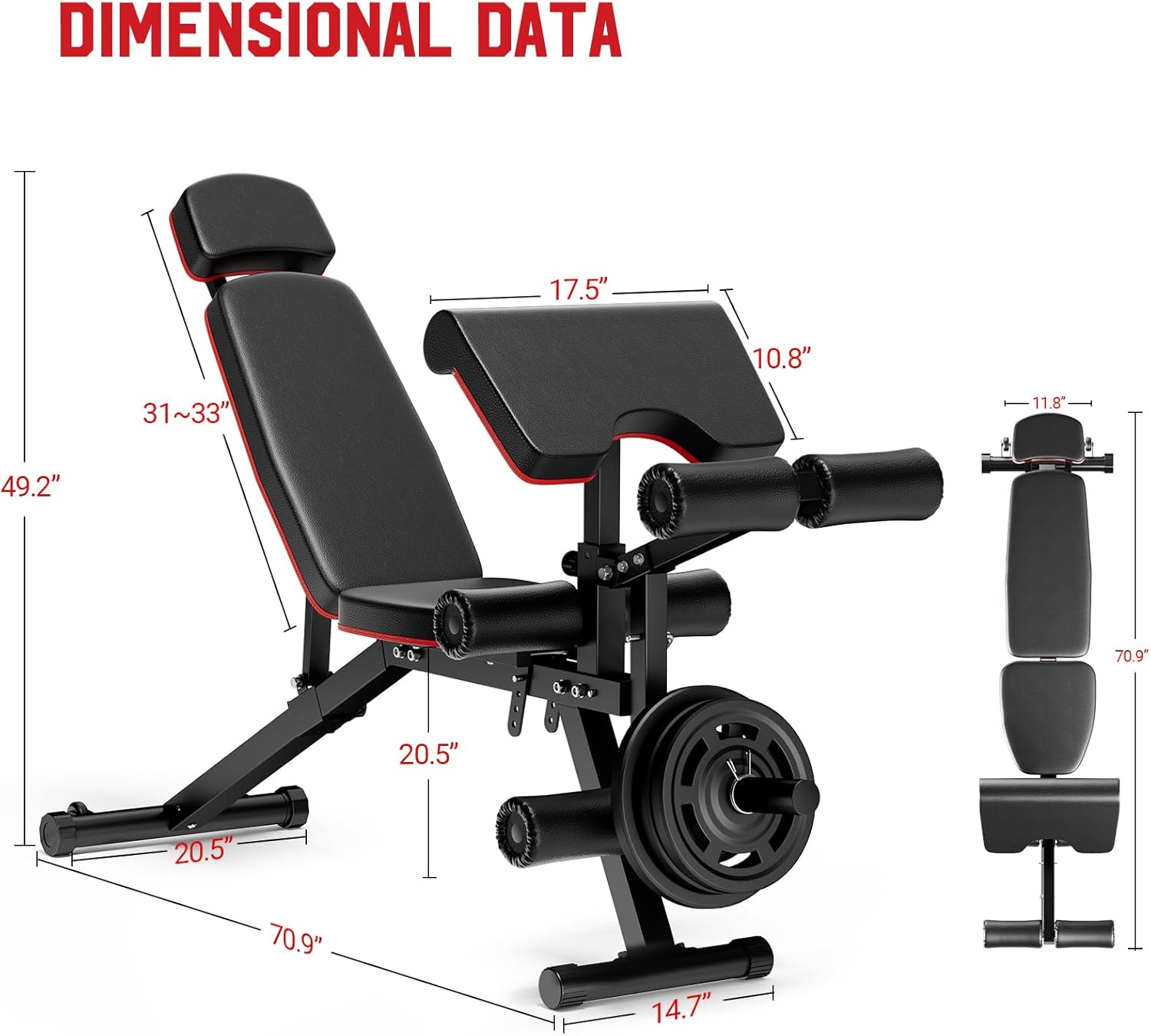 XDDIAS Banco de pesas, banco de entrenamiento para gimnasio en casa con reposacabezas extendido, extensión de piernas y almohadilla de rizo de