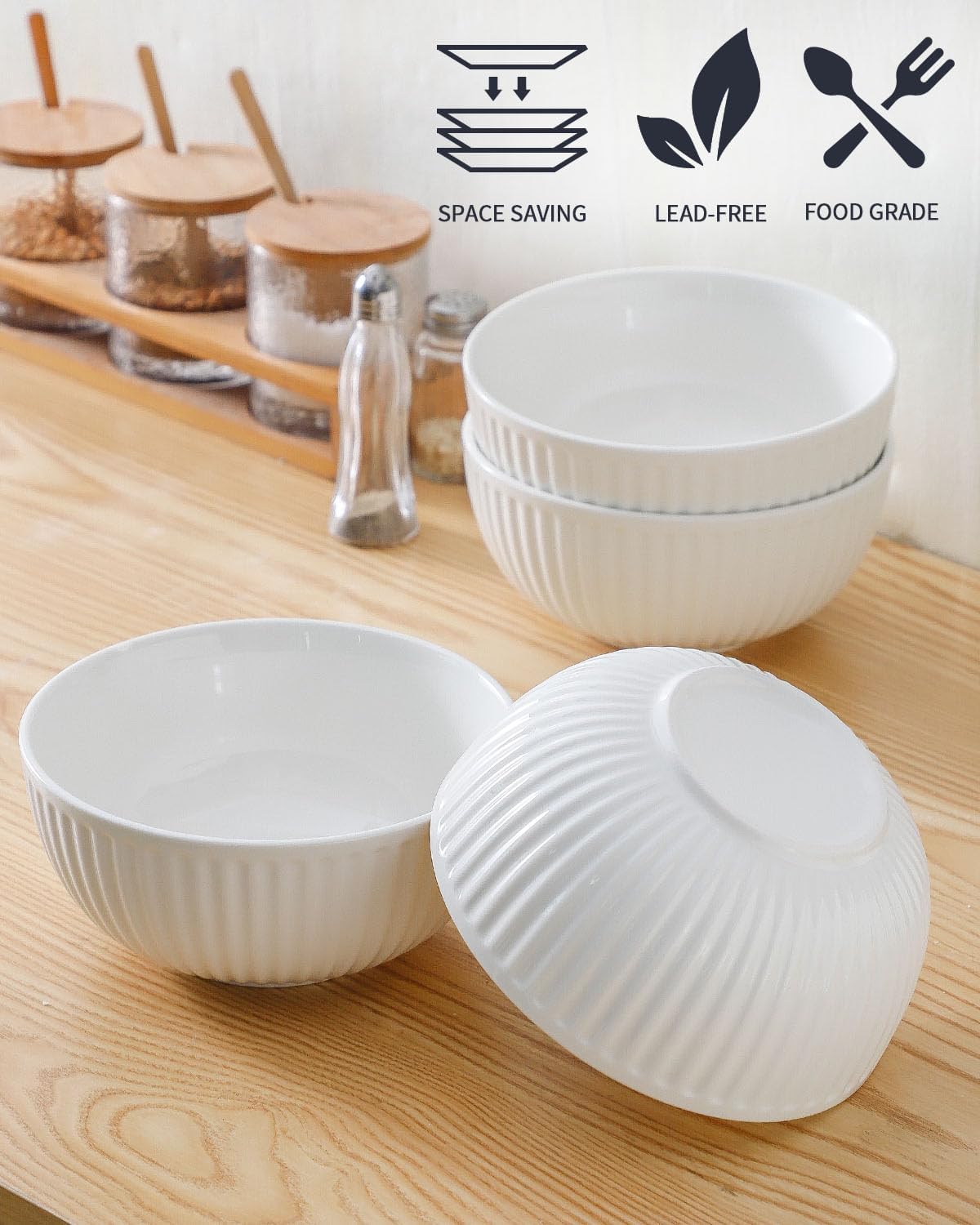 Hasense Cuencos grandes de cerámica blanca de 7 pulgadas a 42 onzas para cocina, modernos platos de porcelana acanalada para entretenimiento, sopa,