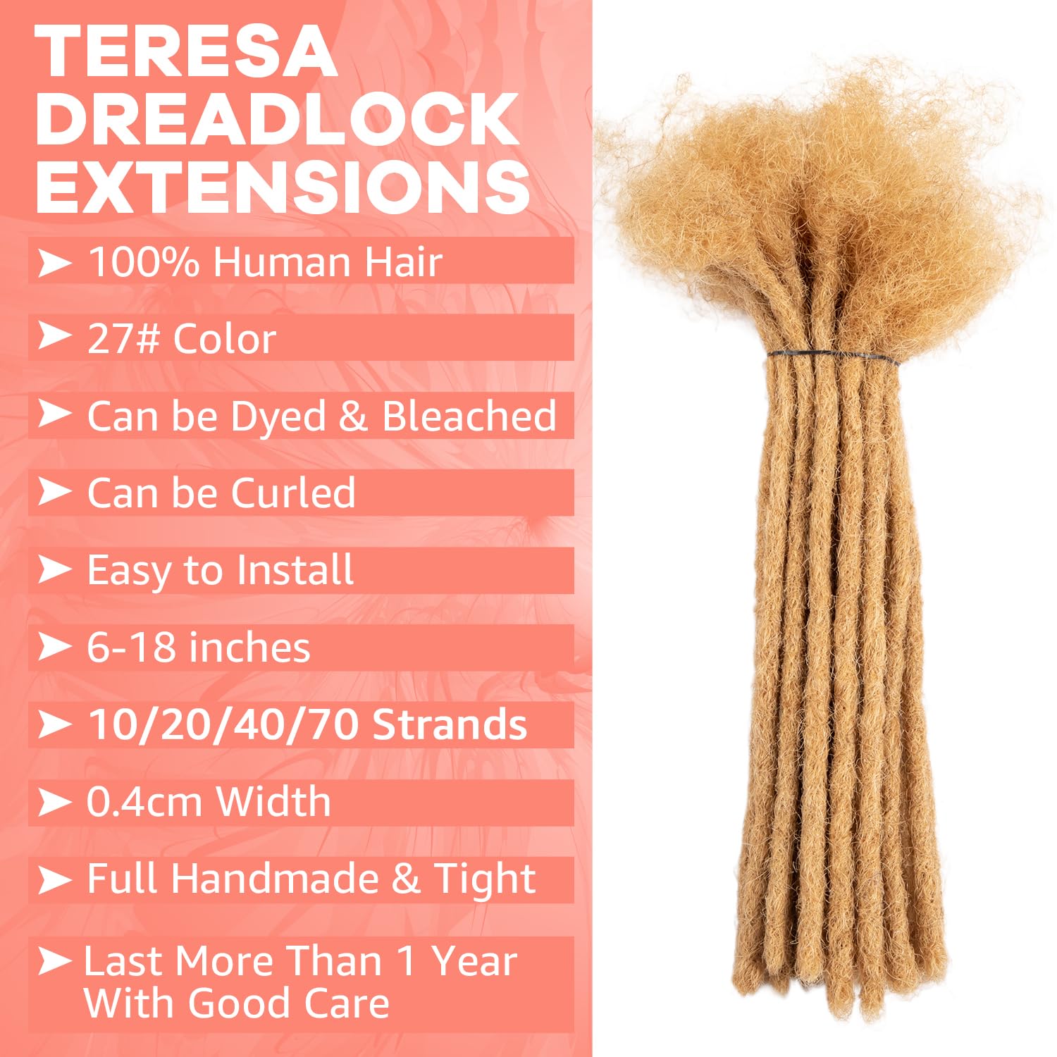 Teresa – Extensión de cabello humano de 4 pulgadas de ancho, color rubio miel #27, 10 hebras, extensiones permanentes que se pueden teñir y