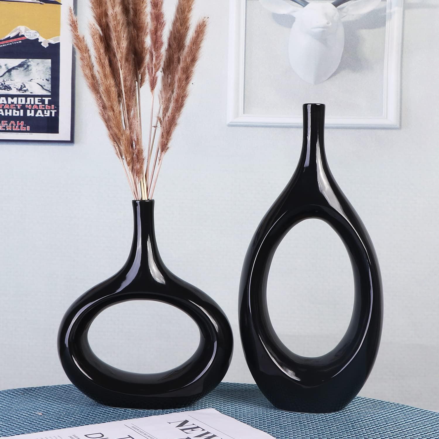 SANFERGE Juego de 2 jarrones huecos ovalados de color negro brillante, versión actualizada, florero de cerámica para decoración del hogar, jarrón
