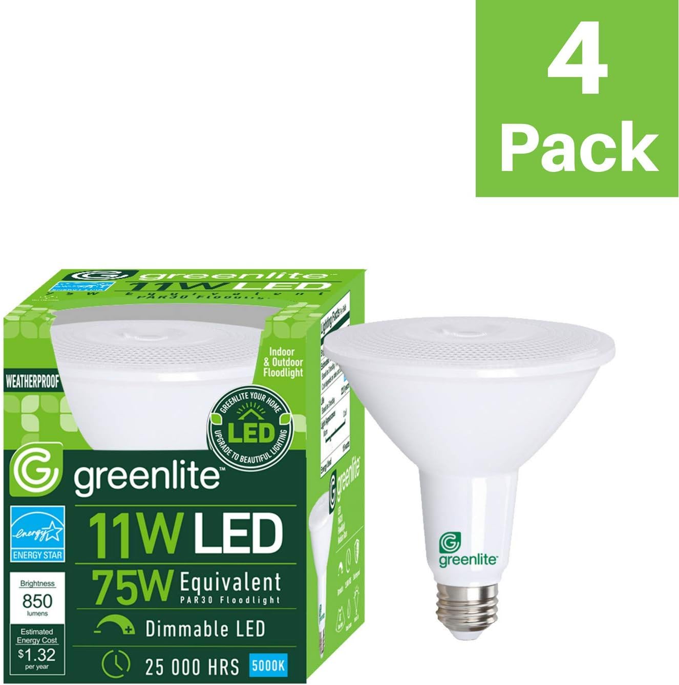 Greenlite Bombilla LED PAR30 de cuello largo regulable, 11 W (equivalente a 75 W), 850 lúmenes, luz diurna de 5000 K, interior y exterior,