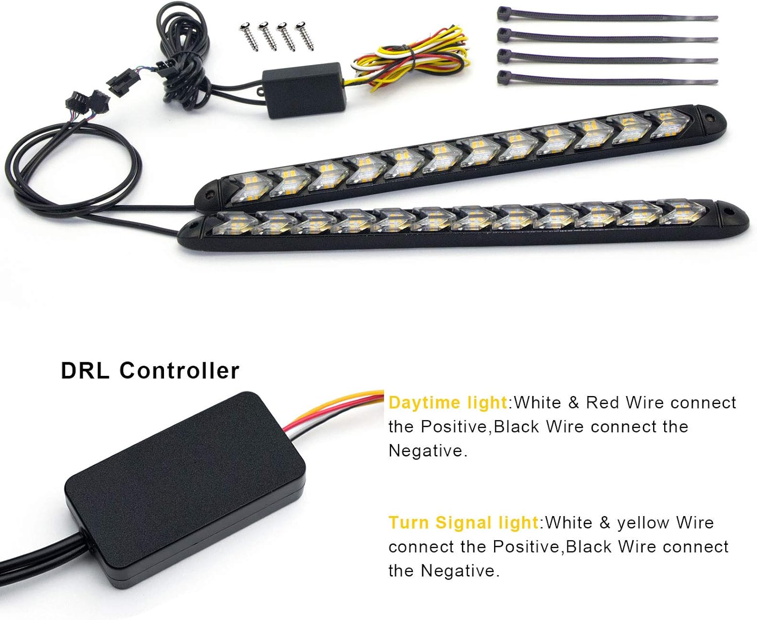 12 tiras LED de flecha DRL Switchback – Luces de circulación diurna ámbar blanco – Señal de giro secuencial de flujo dinámico de 12 V – LED