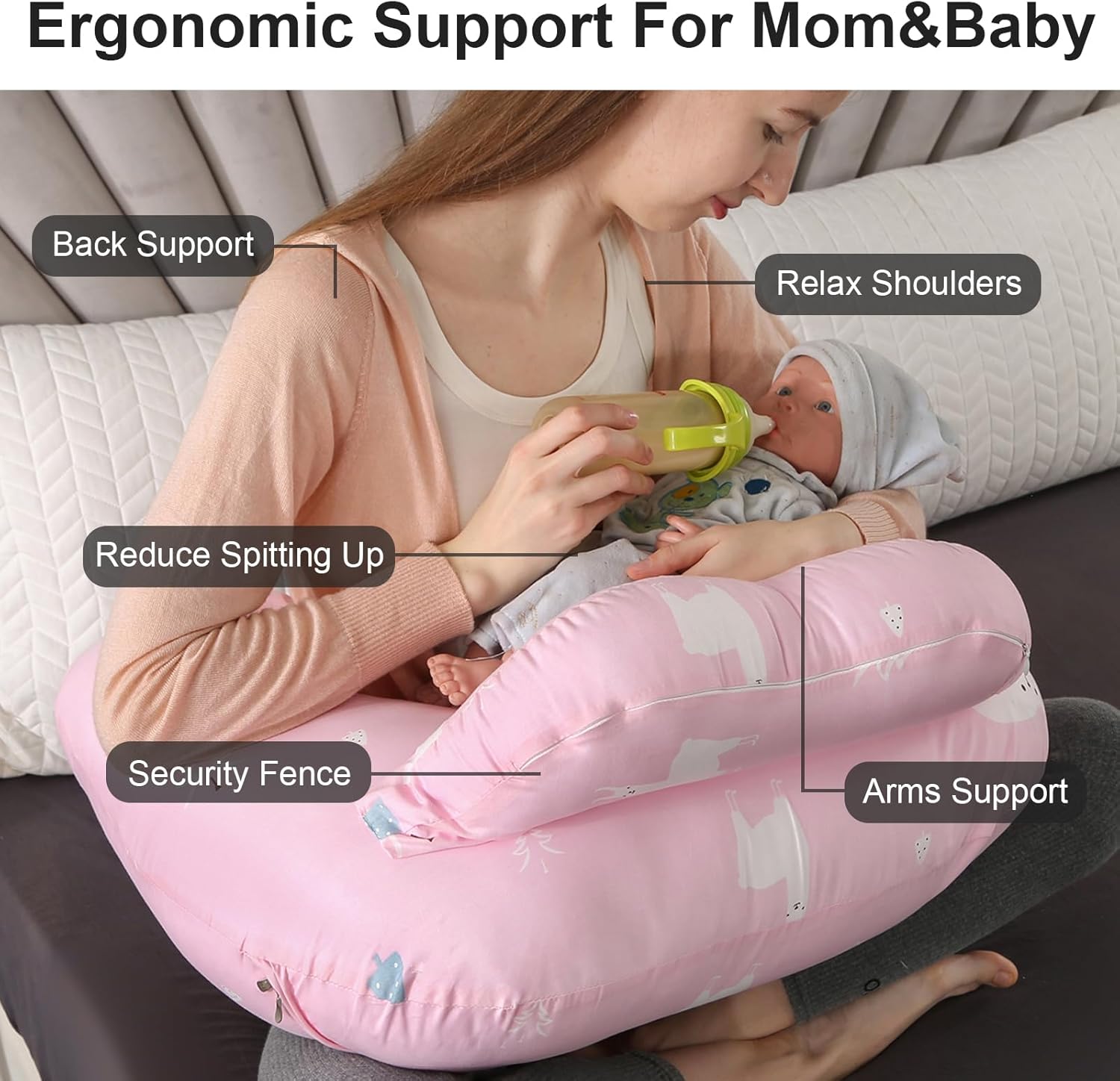 Almohada de lactancia para lactancia, almohadas de lactancia materna para más apoyo para mamá y bebé, con valla de seguridad para bebé, correa de