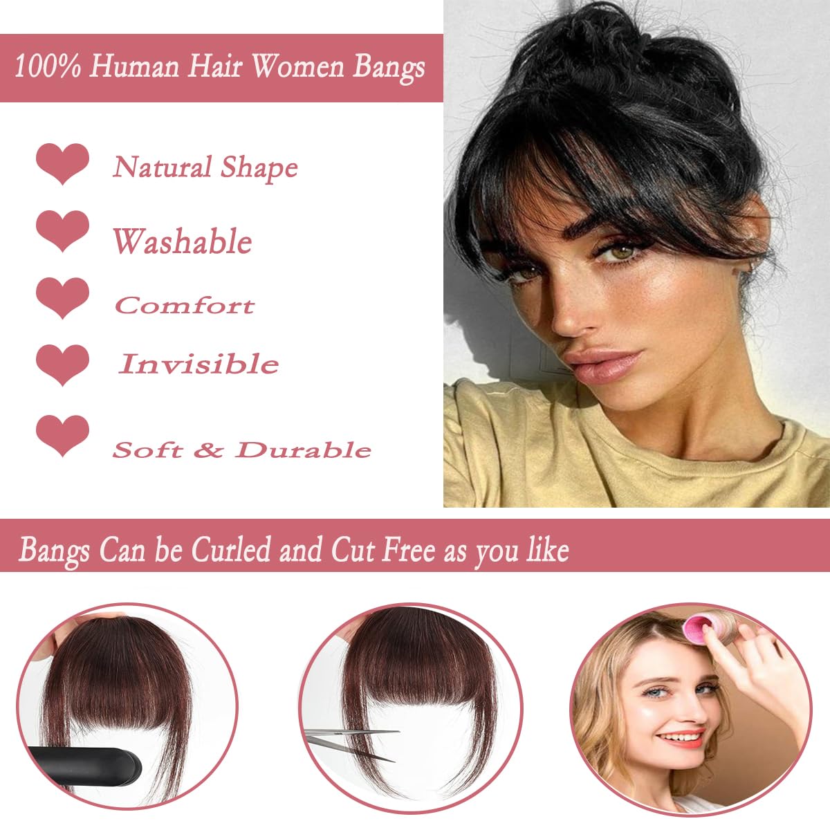 Sinroy – Flequillo con clip para niñas, pelucas de cortina de cabello humano, extensiones de cabello natural corto con sienes, flequillo de aire