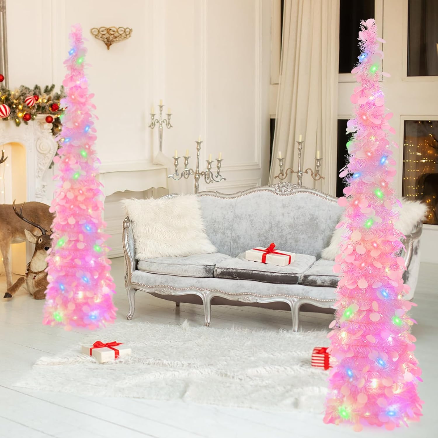 GlyinnHe Árbol de Navidad de oropel desplegable de 5 pies con 50 luces multicolores, lápiz de Navidad preiluminado con lentejuelas rosas, funciona