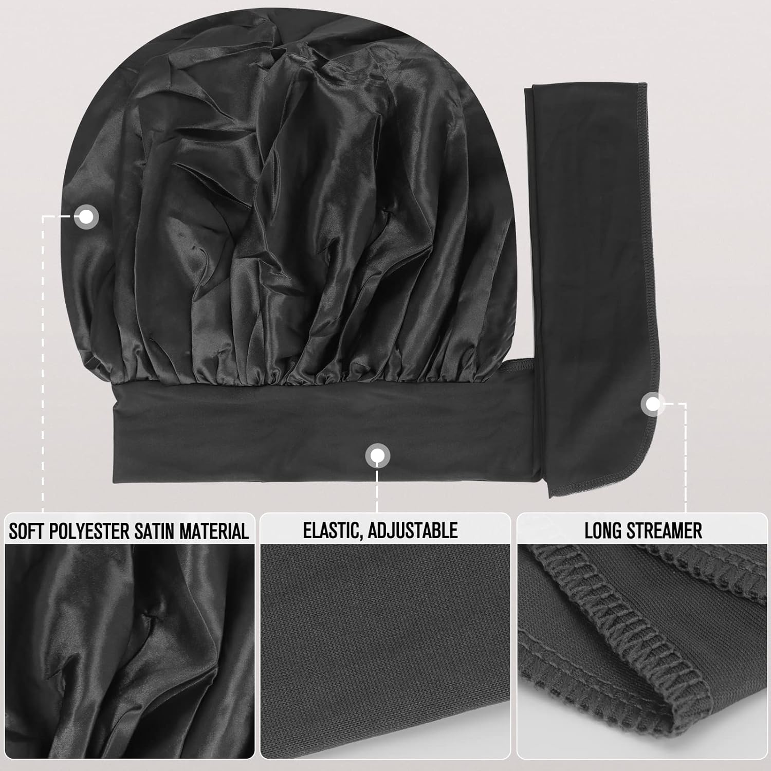 Arqumi Paquete de 2 gorros de satén para dormir, gorro de dormir grande de satén con correa larga elástica, gorro de dormir ajustable para mujeres y
