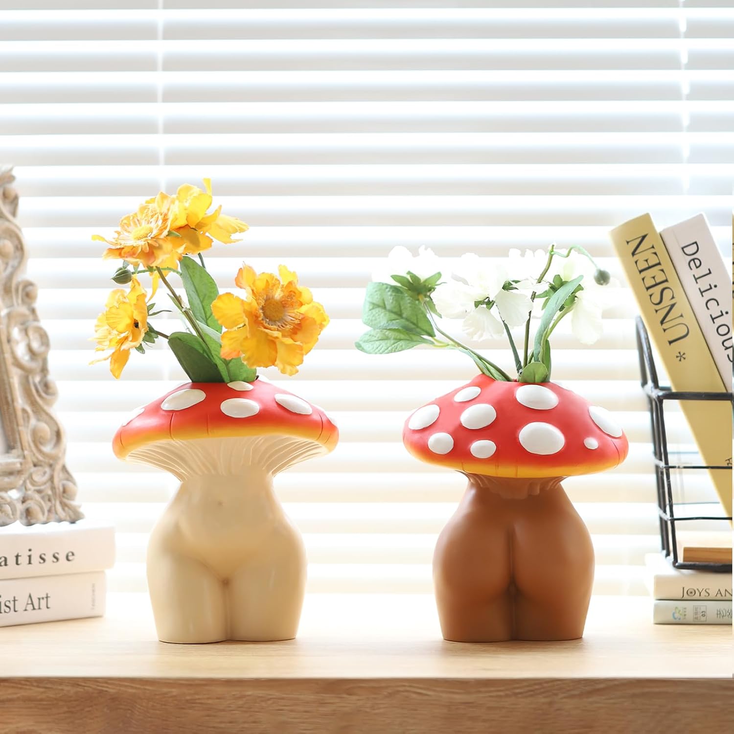 GUGUGO Jarrón de cuerpo de dama de hongo para flor, decoración de hongos funky, jarrones eclécticos en forma de dama para flores, decoración única y