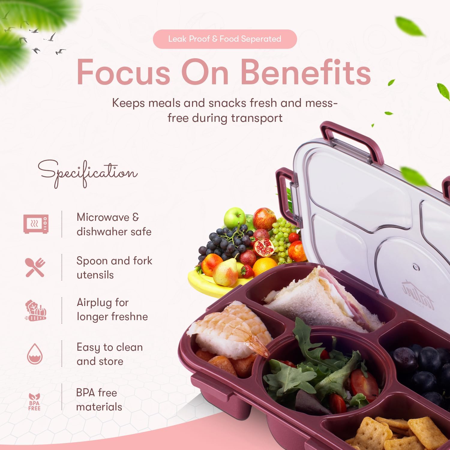 Tarlini Bento Box – Lonchera simple y fácil a prueba de fugas, sin BPA, caja de aperitivos bento de 5 compartimentos, lonchera Bento para adultos,